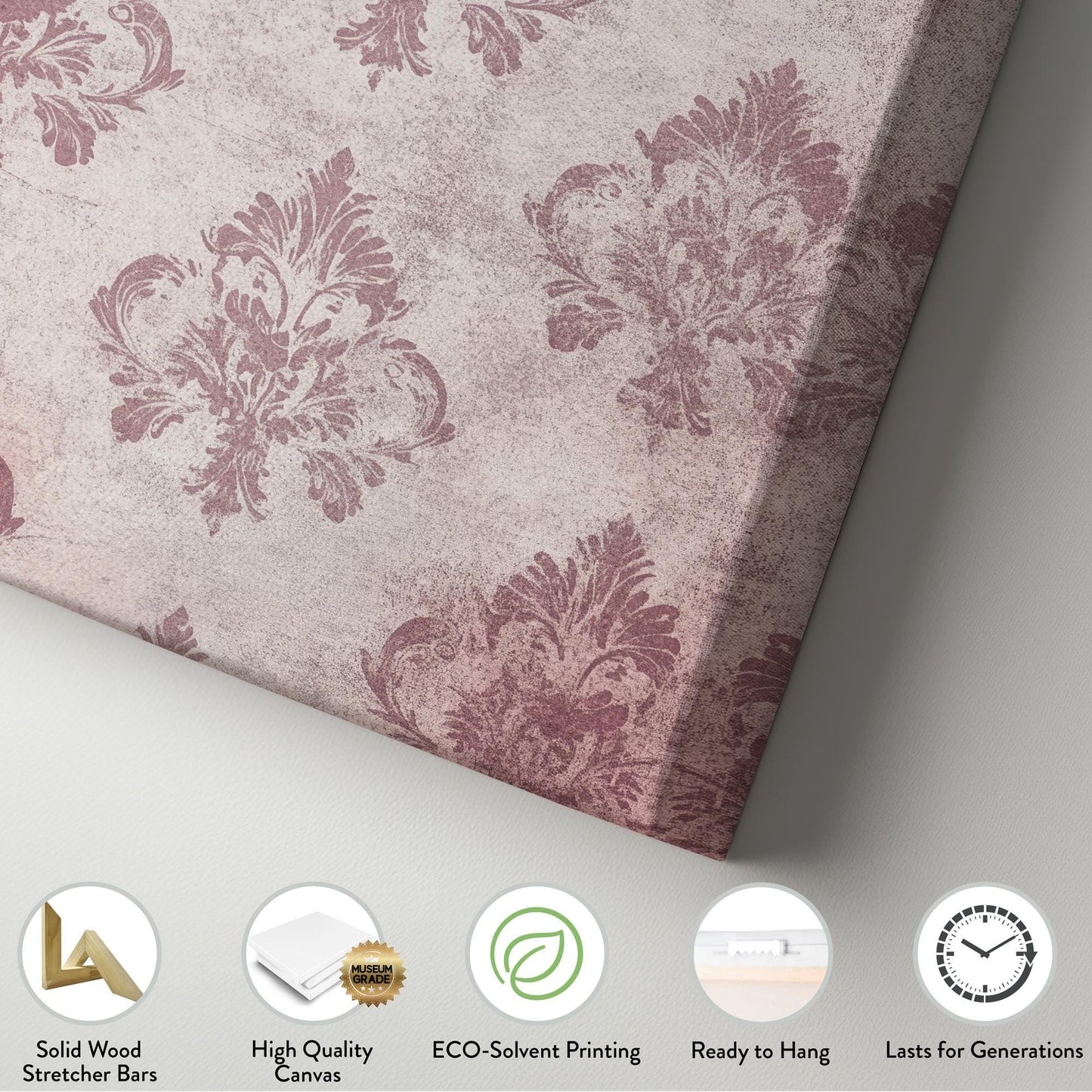 Antique Damask Canvas Art | Distressed Vintage Print | Bohemian Chic Wall Art For Living Room | Mauve Rose Art Vertical Canvas