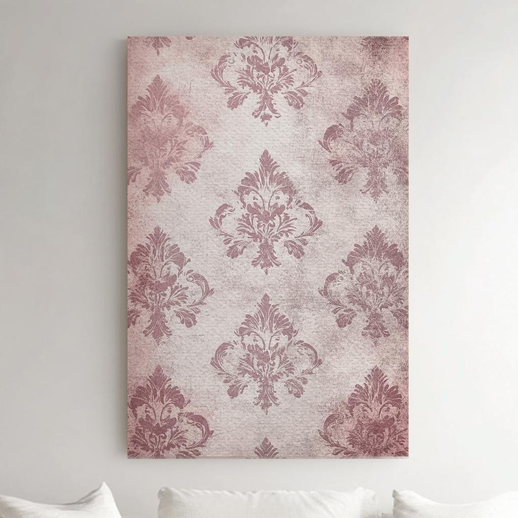 Antique Damask Canvas Art | Distressed Vintage Print | Bohemian Chic Wall Art For Living Room | Mauve Rose Art Vertical Canvas
