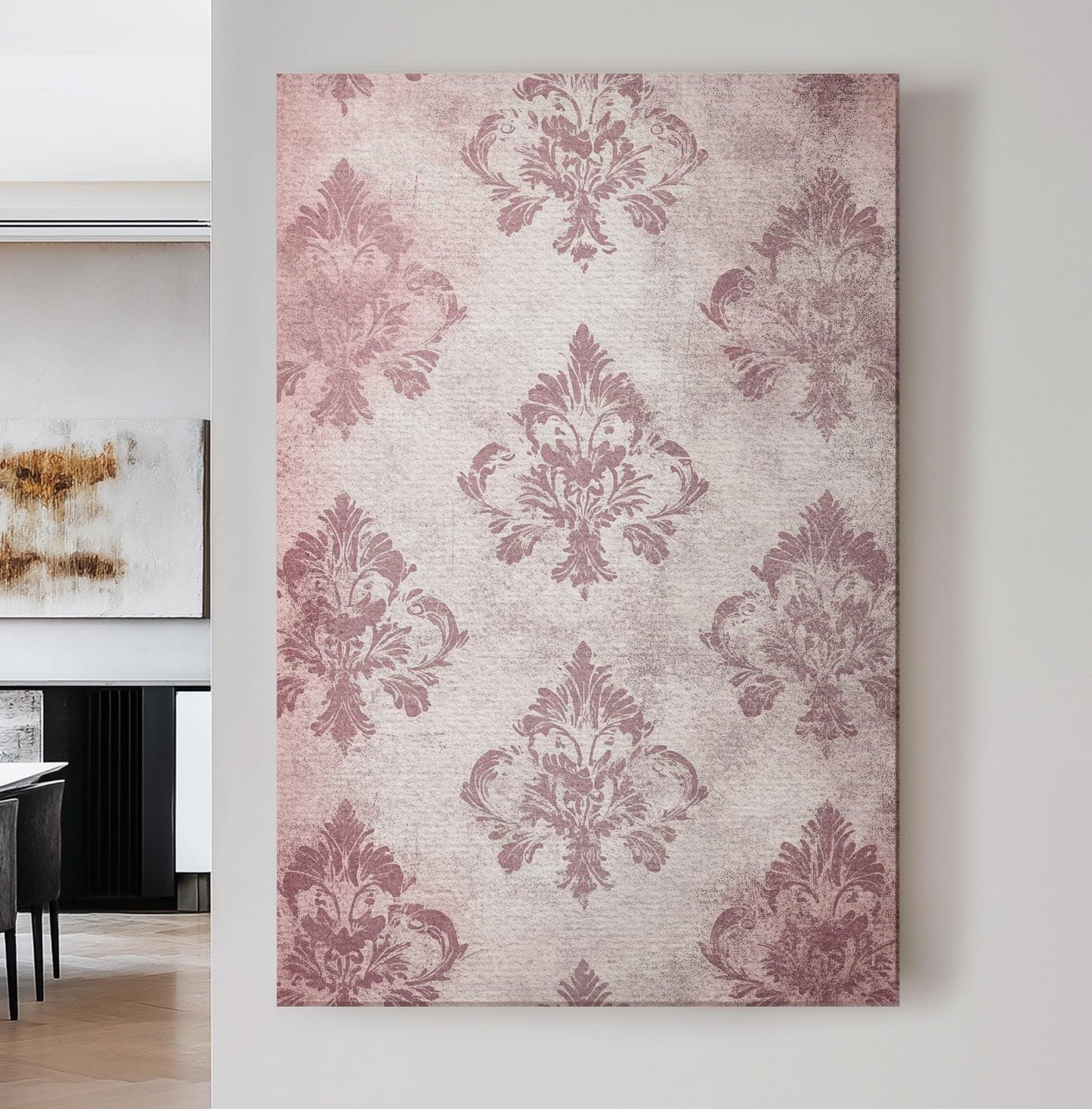 Antique Damask Canvas Art | Distressed Vintage Print | Bohemian Chic Wall Art For Living Room | Mauve Rose Art Vertical Canvas