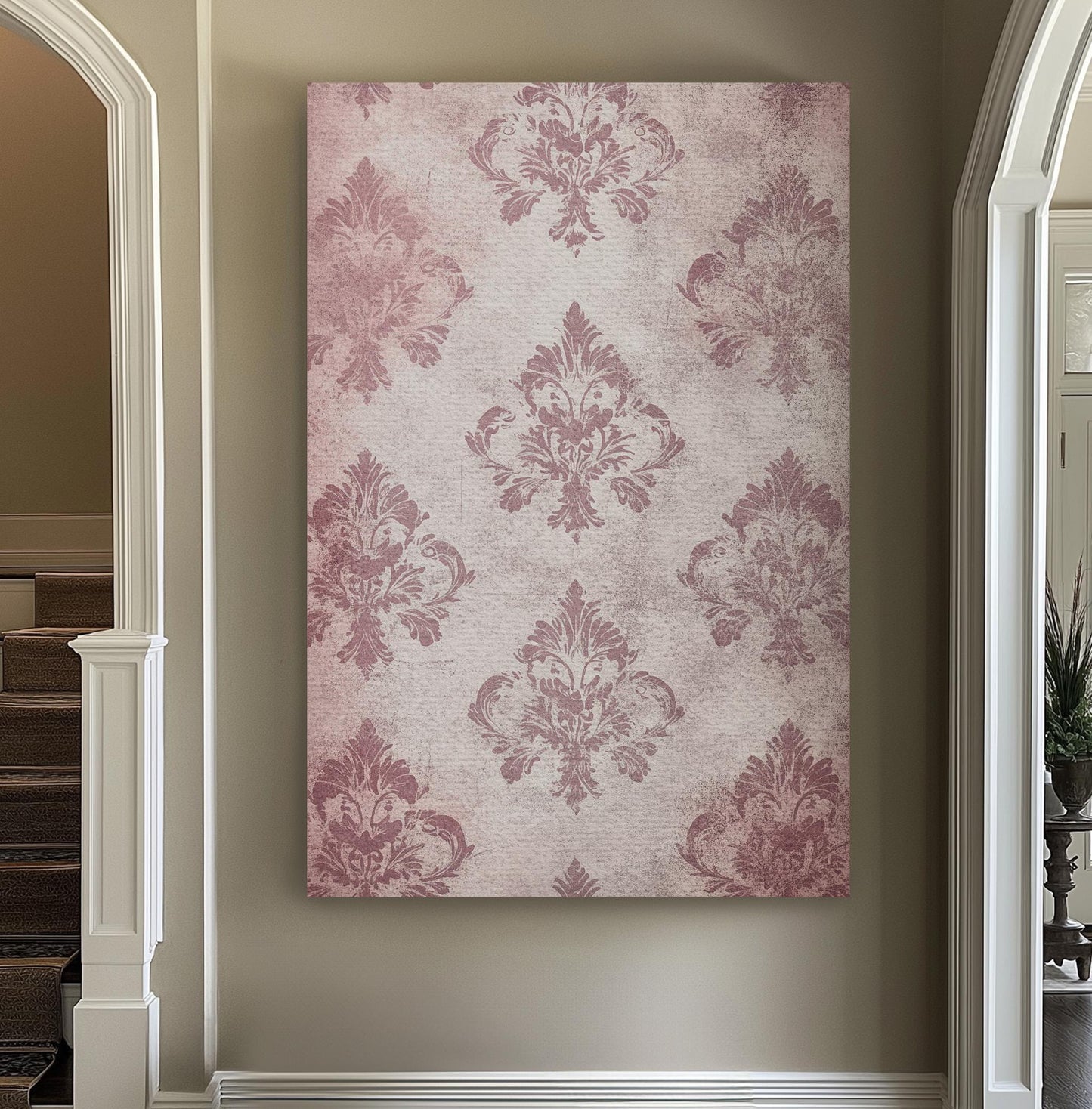 Antique Damask Canvas Art | Distressed Vintage Print | Bohemian Chic Wall Art For Living Room | Mauve Rose Art Vertical Canvas