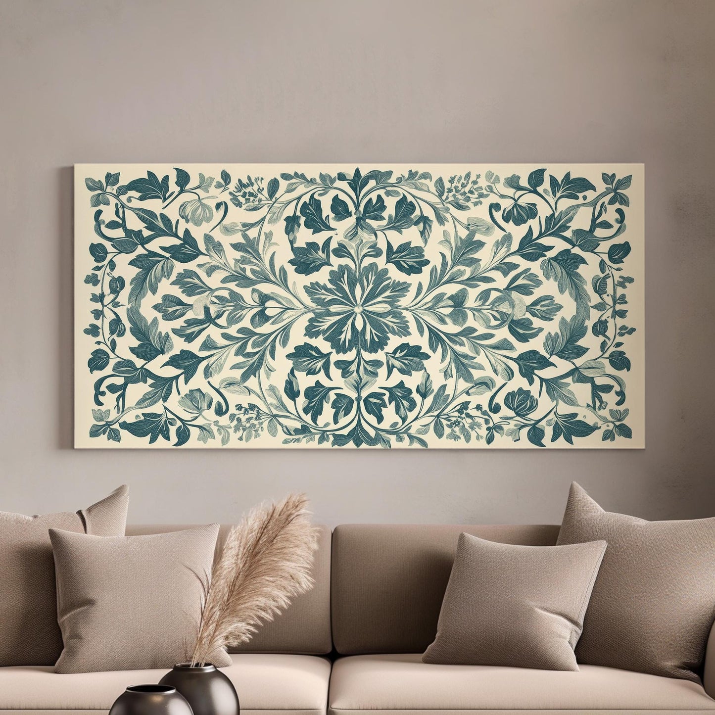 Antique Botanical Illustration Canvas Art | Baroque Etching Print | Neoclassical Wall Art For Living Room | Sage Green Art Horizontal Art