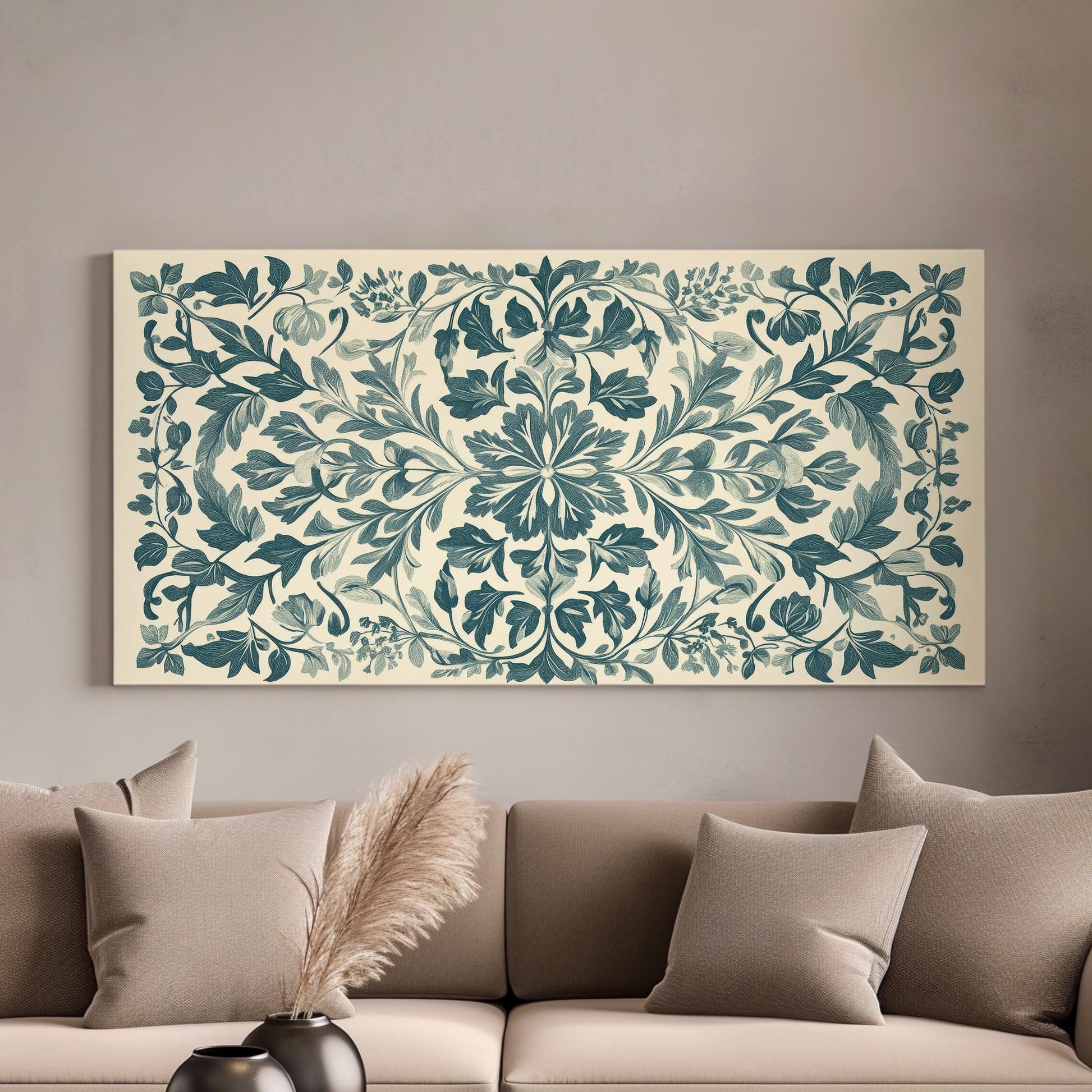 Antique Botanical Illustration Canvas Art | Baroque Etching Print | Neoclassical Wall Art For Living Room | Sage Green Art Horizontal Art