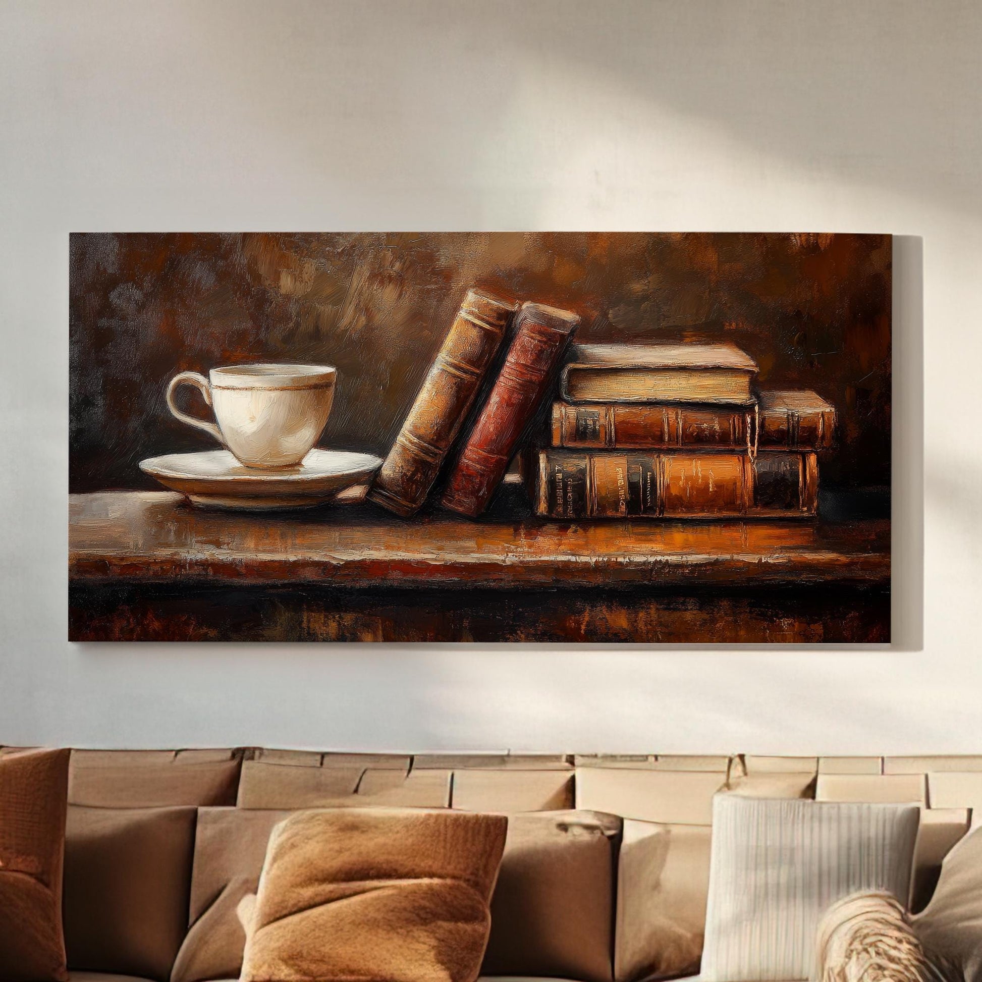Antique Books Coffee Cup Canvas Art | Impasto Oil Print | Transitional Wall Art For Living Room | Warm Espresso Art Horizontal Art