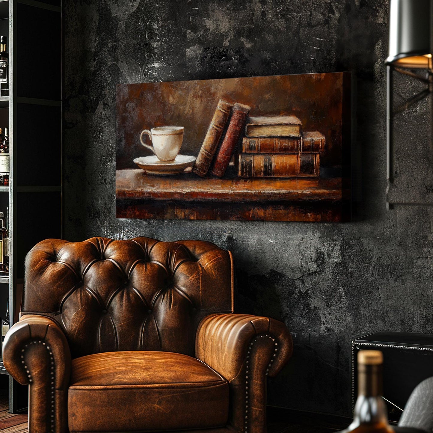 Antique Books Coffee Cup Canvas Art | Impasto Oil Print | Transitional Wall Art For Living Room | Warm Espresso Art Horizontal Art