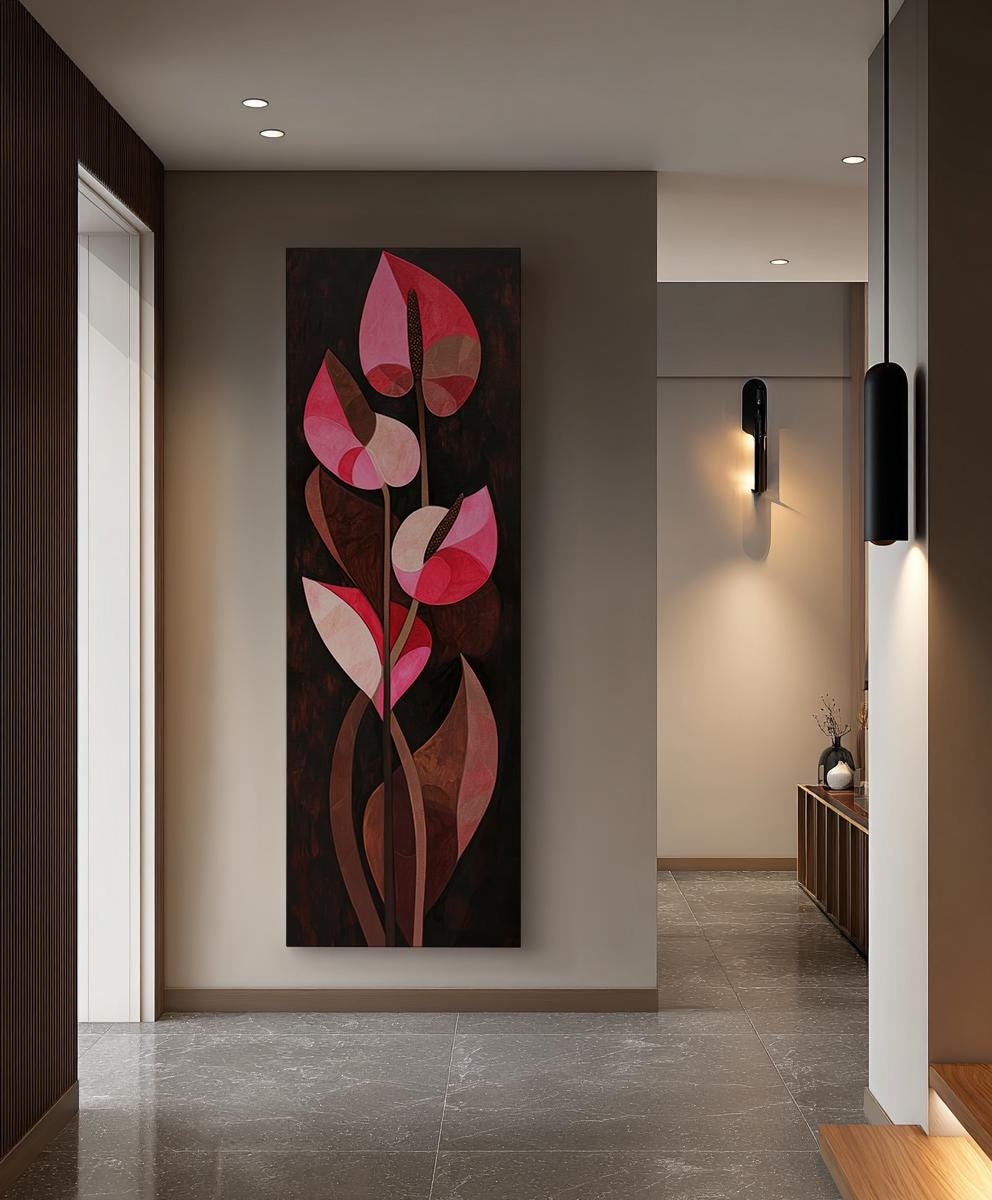 Anthurium Floral Canvas Art | Cubist Inspired Print | Bohemian Modern Wall Art For Living Room | Deep Rose Mahogany Art Long Vertical Art