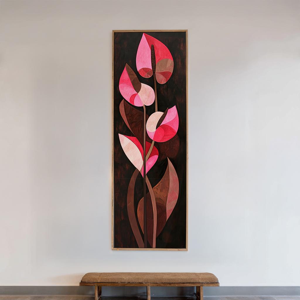 Anthurium Floral Canvas Art | Cubist Inspired Print | Bohemian Modern Wall Art For Living Room | Deep Rose Mahogany Art Long Vertical Art