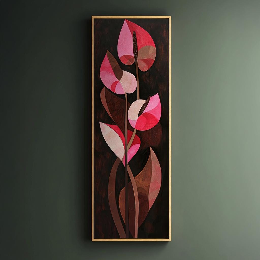 Anthurium Floral Canvas Art | Cubist Inspired Print | Bohemian Modern Wall Art For Living Room | Deep Rose Mahogany Art Long Vertical Art