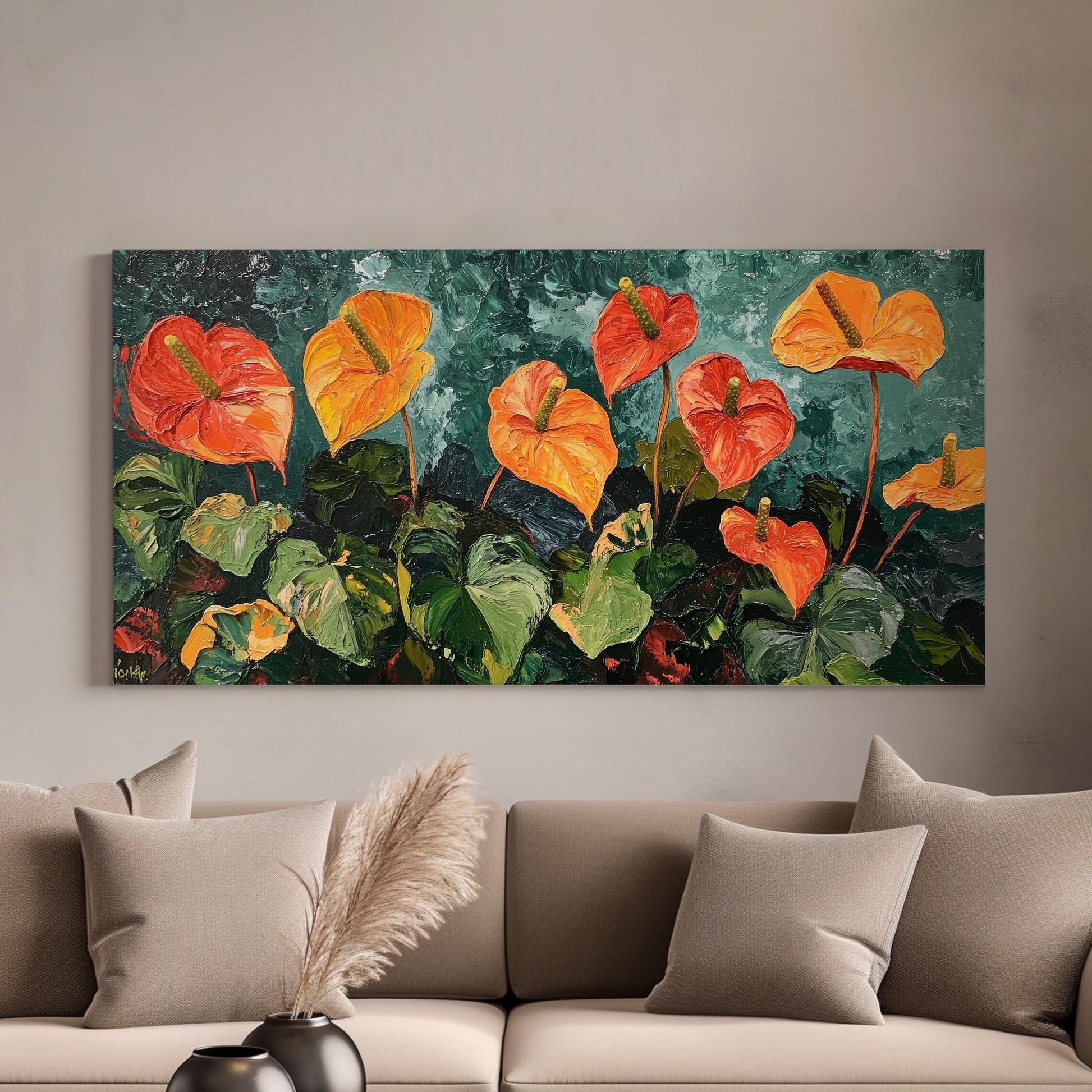 Anthurium Botanical Canvas Art | Impasto Palette Knife Print | Bohemian Modern Wall Art For Living Room | Terracotta Jade Art Horizontal Art