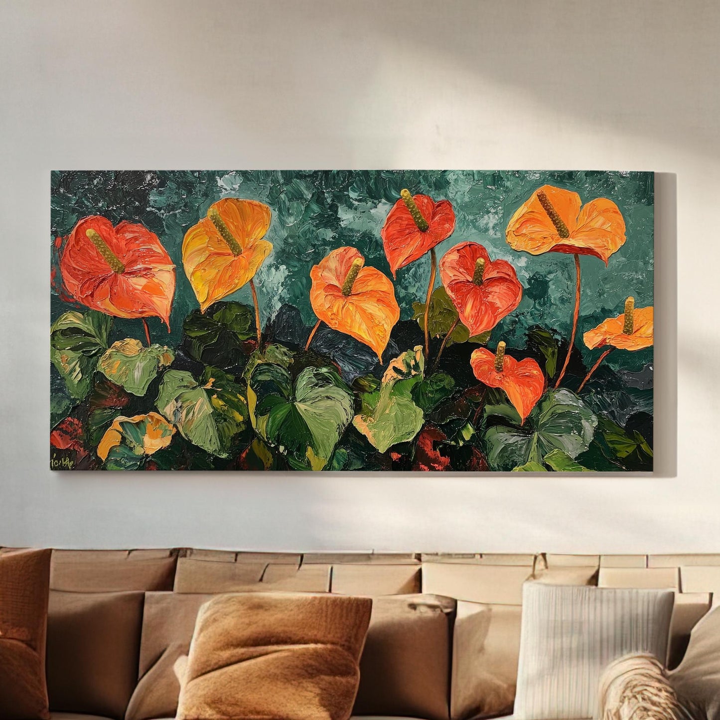 Anthurium Botanical Canvas Art | Impasto Palette Knife Print | Bohemian Modern Wall Art For Living Room | Terracotta Jade Art Horizontal Art