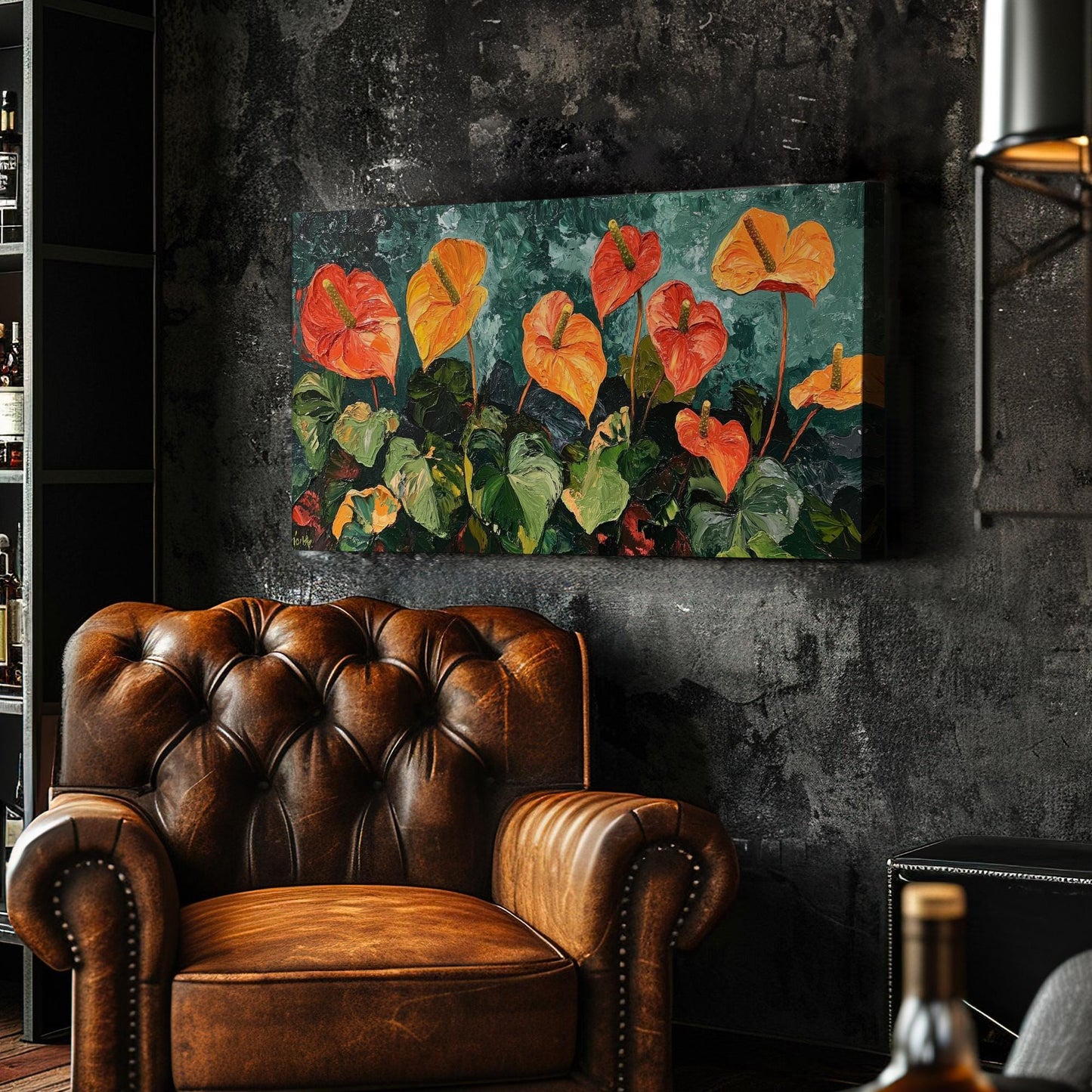 Anthurium Botanical Canvas Art | Impasto Palette Knife Print | Bohemian Modern Wall Art For Living Room | Terracotta Jade Art Horizontal Art