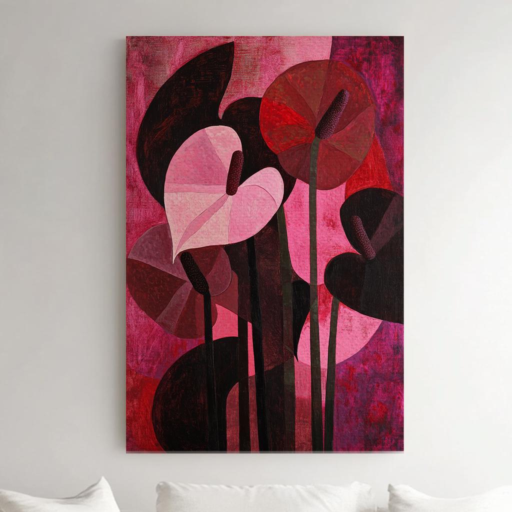 Anthurium Blooms Canvas Art | Impasto Print | Mid Century Modern Wall Art For Living Room | Crimson Rose Art Vertical Canvas