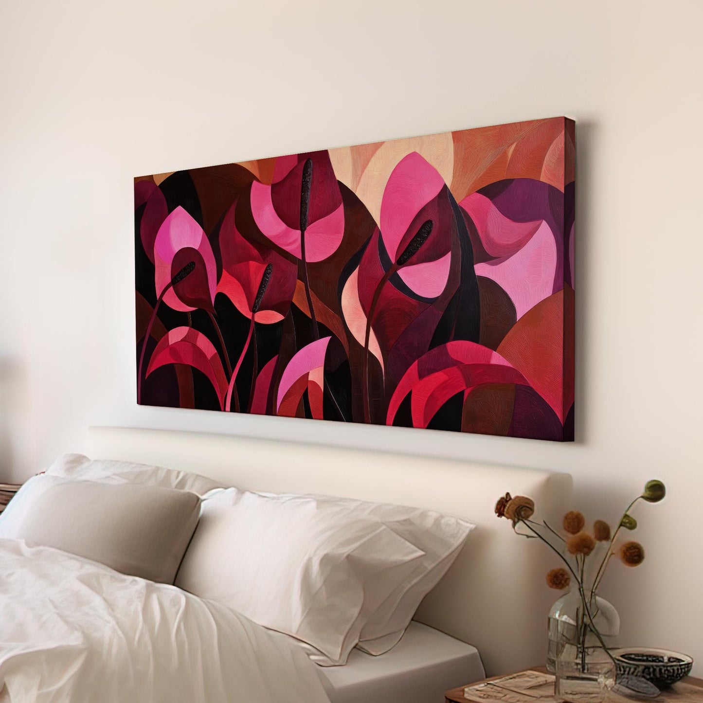 Anthurium Blooms Canvas Art | Impasto Print | Biophilic Wall Art For Living Room | Crimson Blush Art Horizontal Art