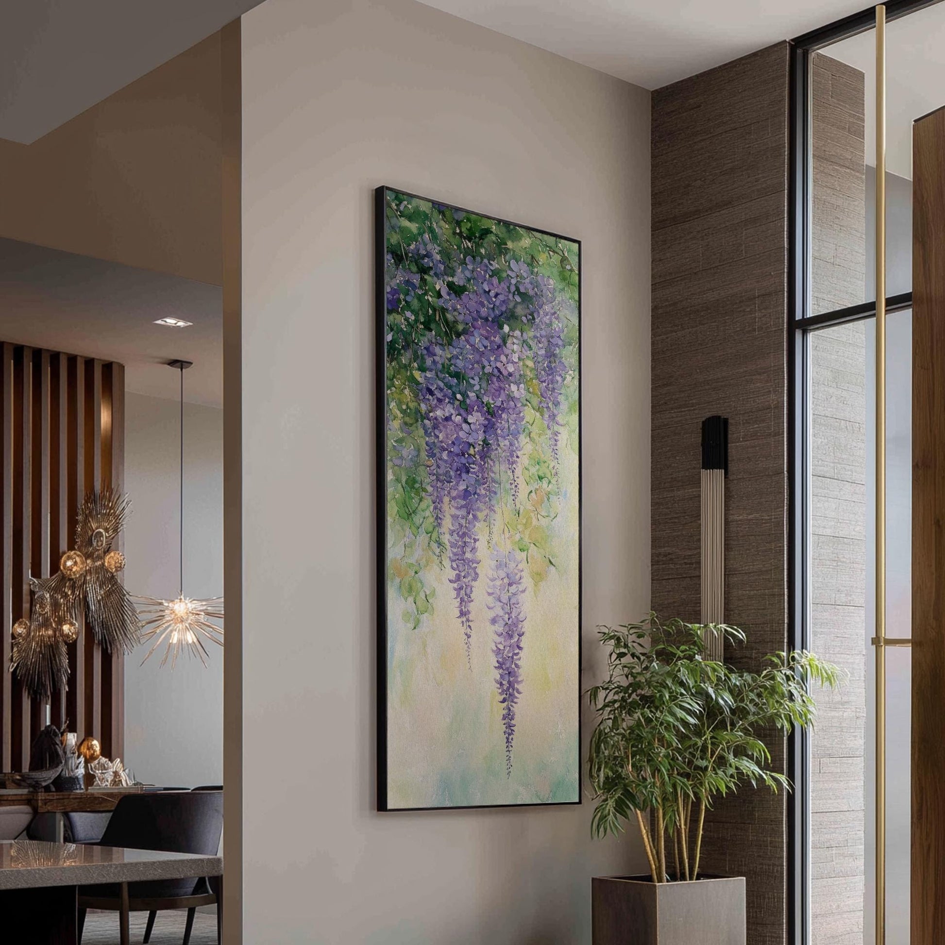 Wisteria Cascading Canvas Art | Loose Watercolor Print | Bohemian Wall Art For Living Room | Lavender Mist Art Long Vertical Art