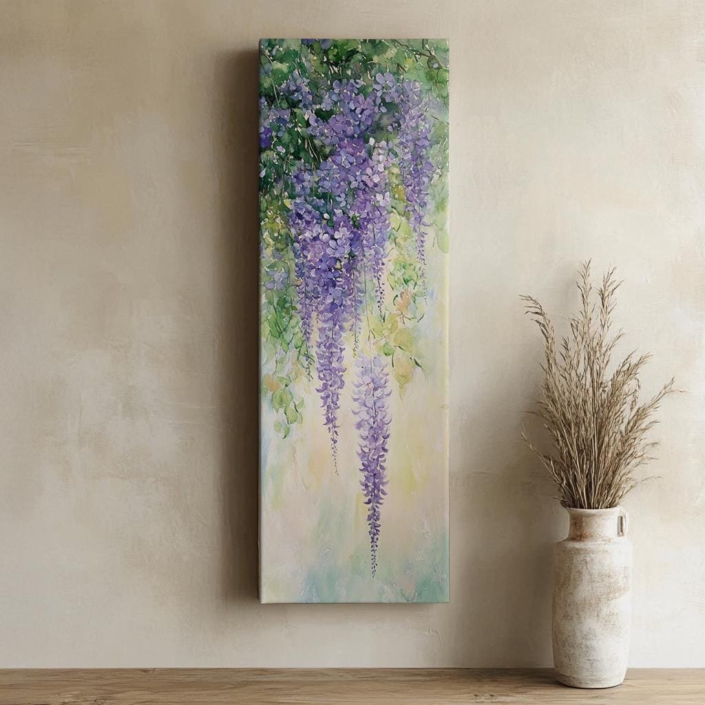 Wisteria Cascading Canvas Art | Loose Watercolor Print | Bohemian Wall Art For Living Room | Lavender Mist Art Long Vertical Art