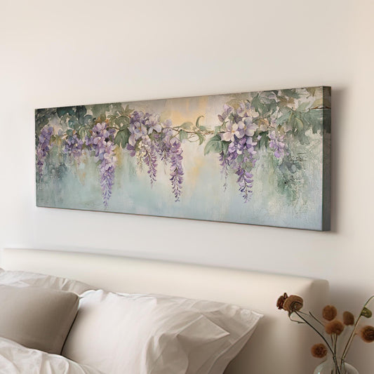 Wisteria Blossom Canvas Art | Impressionistic Watercolor Print | Bohemian Wall Art For Living Room | Celadon Green Art Panoramic Wall Art