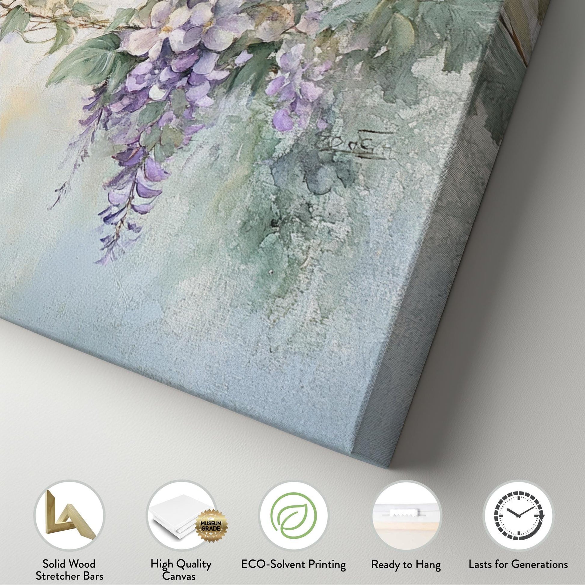Wisteria Blossom Canvas Art | Impressionistic Watercolor Print | Bohemian Wall Art For Living Room | Celadon Green Art Panoramic Wall Art