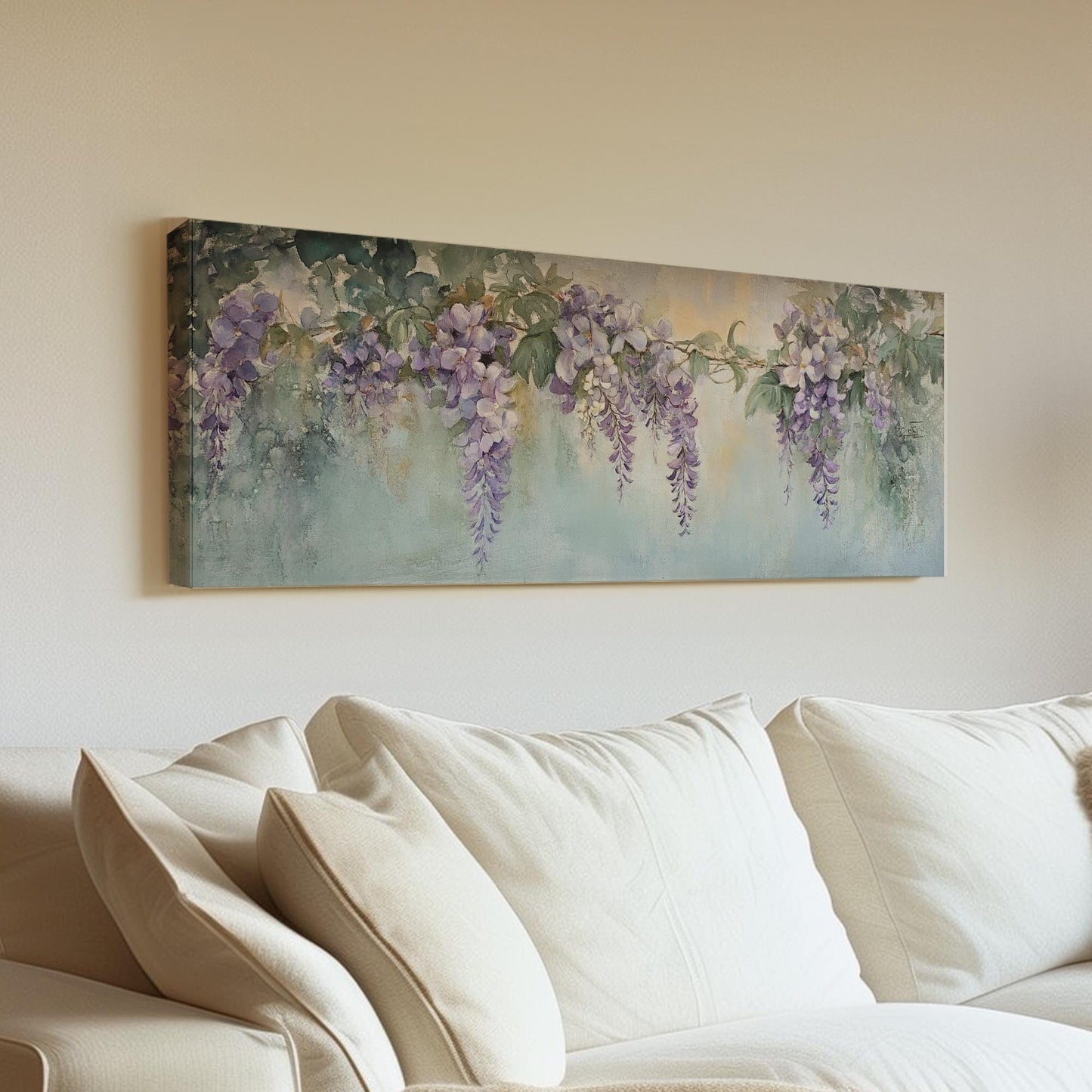 Wisteria Blossom Canvas Art | Impressionistic Watercolor Print | Bohemian Wall Art For Living Room | Celadon Green Art Panoramic Wall Art