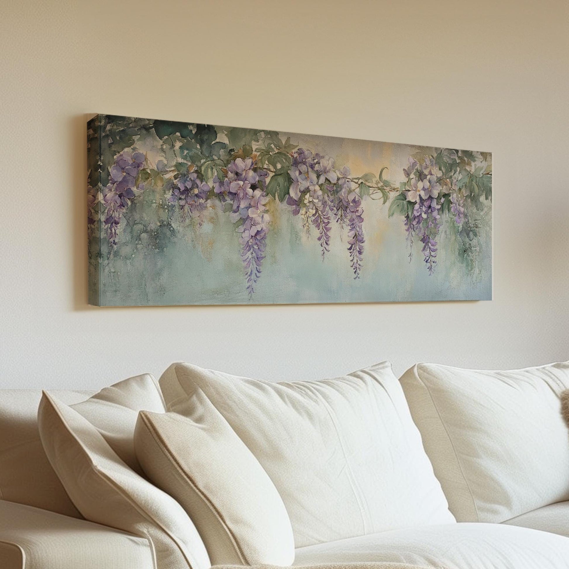 Wisteria Blossom Canvas Art | Impressionistic Watercolor Print | Bohemian Wall Art For Living Room | Celadon Green Art Panoramic Wall Art