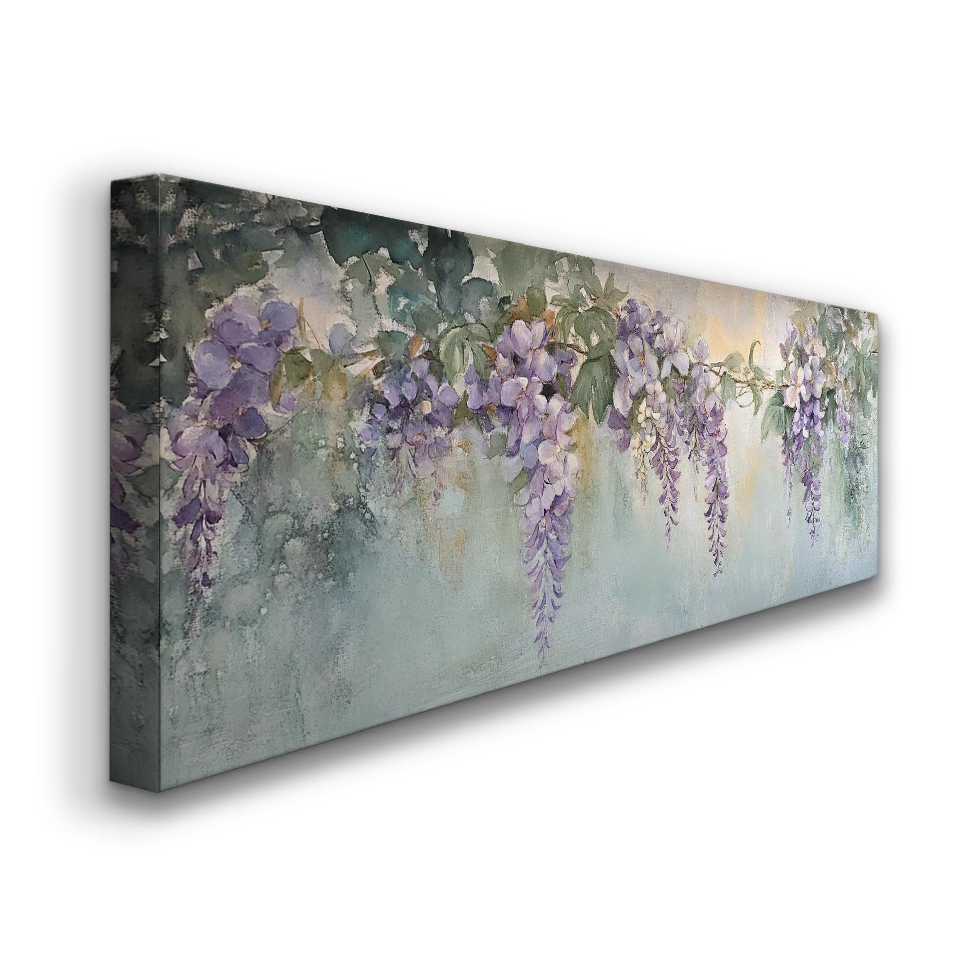 Wisteria Blossom Canvas Art | Impressionistic Watercolor Print | Bohemian Wall Art For Living Room | Celadon Green Art Panoramic Wall Art