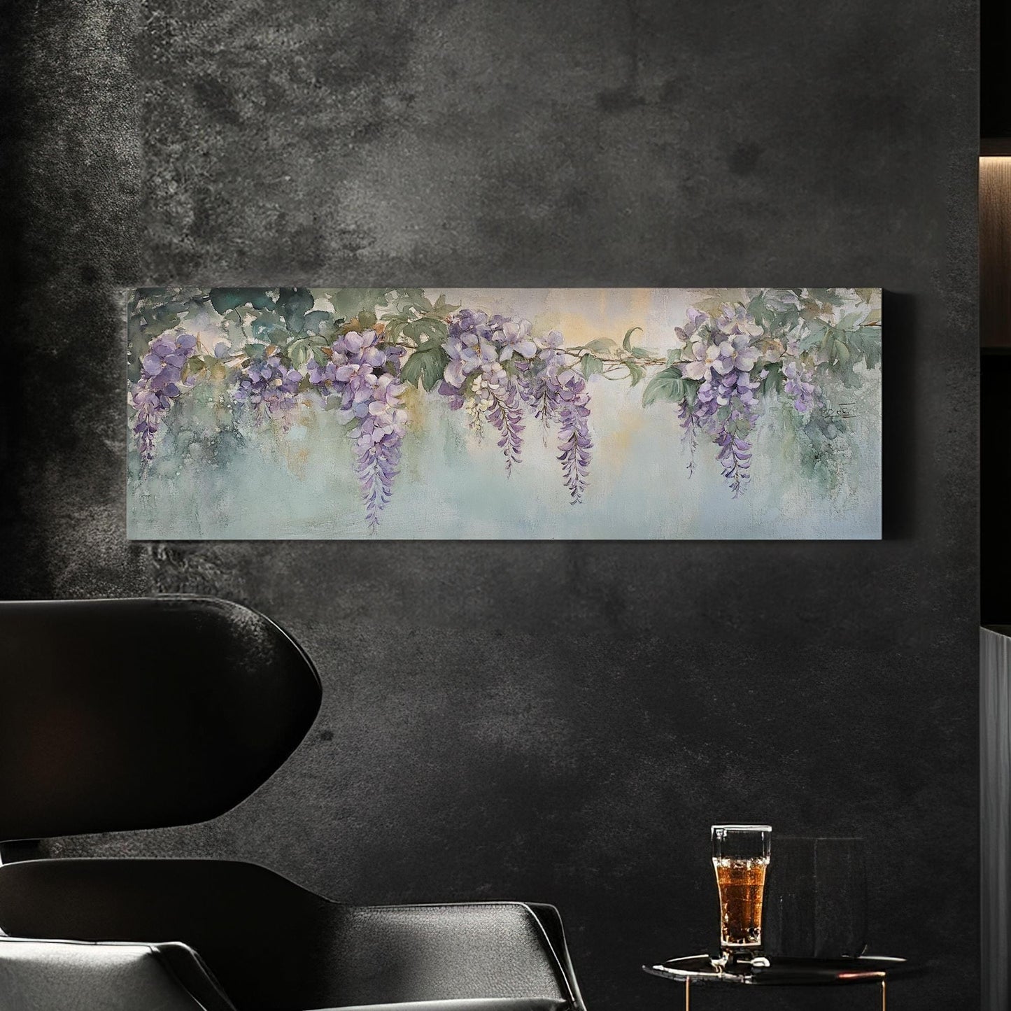 Wisteria Blossom Canvas Art | Impressionistic Watercolor Print | Bohemian Wall Art For Living Room | Celadon Green Art Panoramic Wall Art