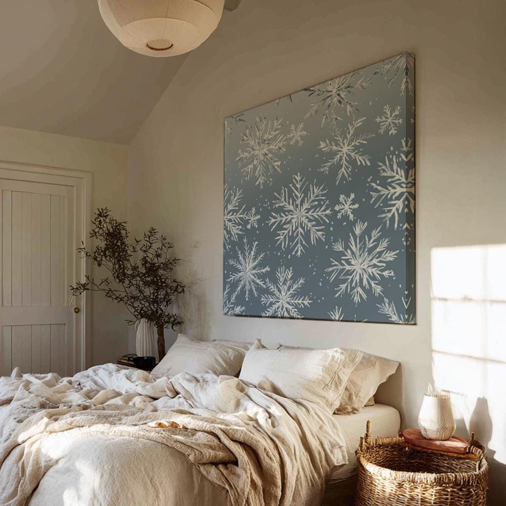 Winter Wonderland Snowflake Canvas Art | Watercolor Effect Print | Scandinavian Wall Art For Bedroom | Powder Blue Art Square Canvas Art