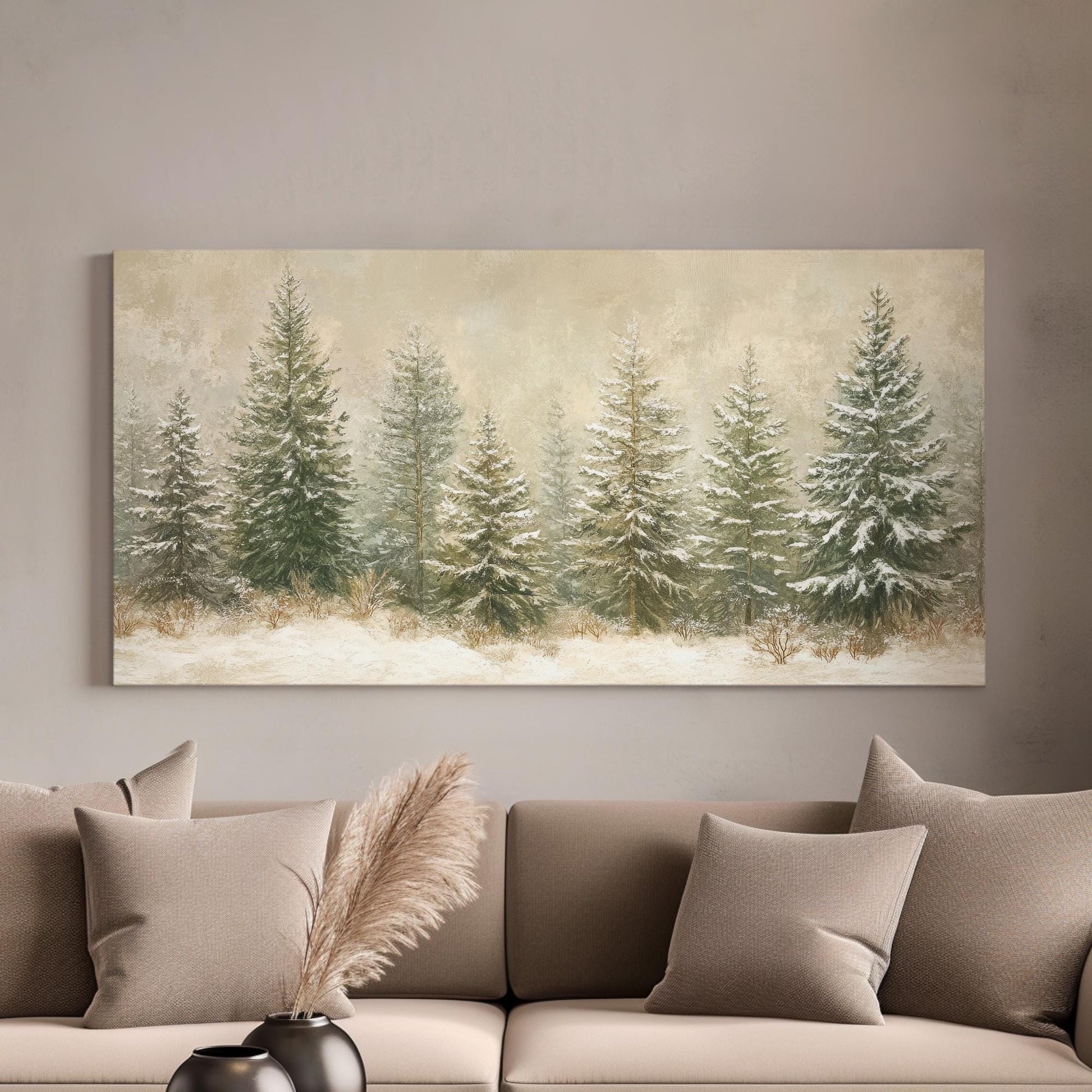 Winter Pines Canvas Art | Impasto Print | Tranquil Zen Wall Art For Living Room | Silverleaf Sage Art Horizontal Art