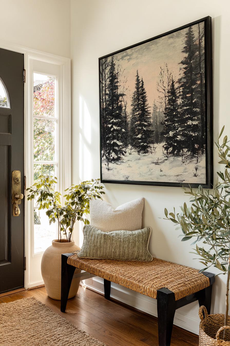 Winter Pines Canvas Art | Impasto Print | Scandinavian Wall Art For Living Room | Blush Pink Charcoal Art Square Canvas Art
