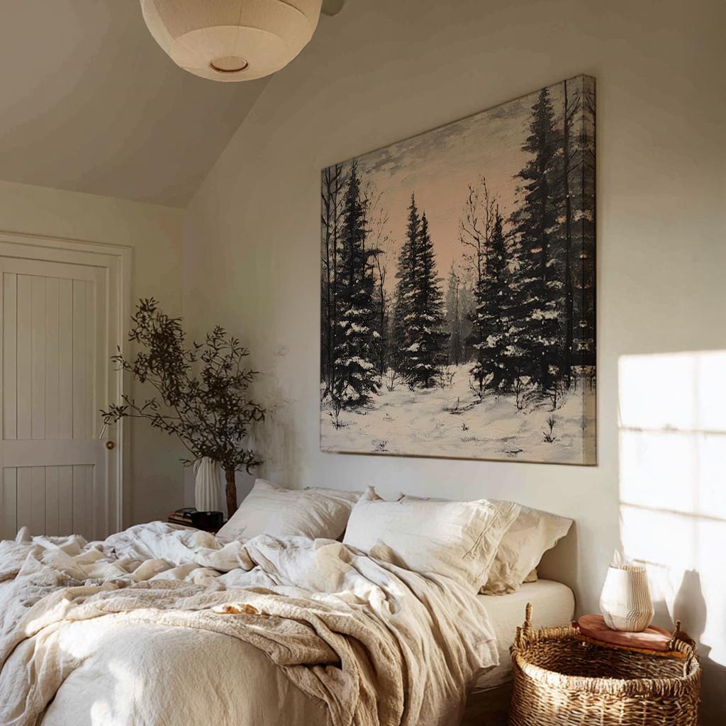 Winter Pines Canvas Art | Impasto Print | Scandinavian Wall Art For Living Room | Blush Pink Charcoal Art Square Canvas Art