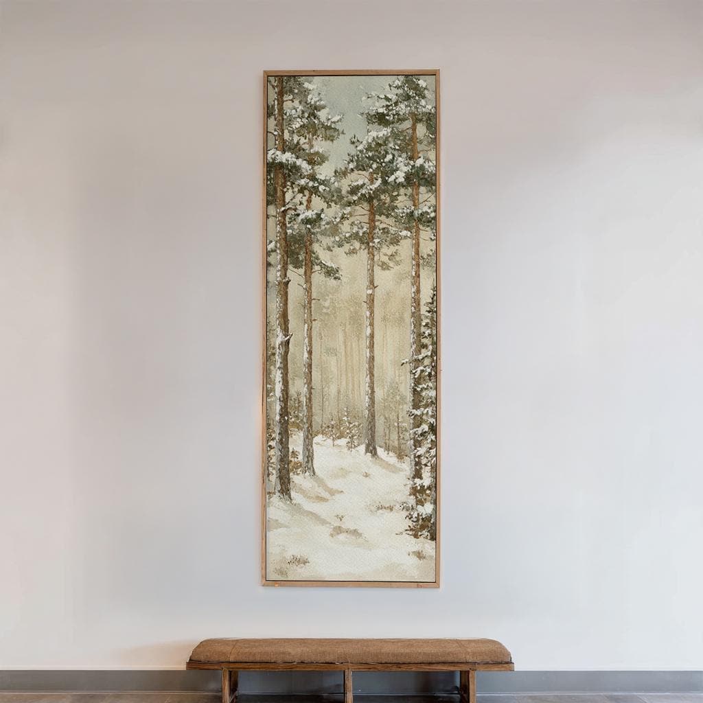 Winter Pines Canvas Art | Impasto Print | Minimalist Wall Art For Living Room | Creamy Ivory Art | Scandinavian Decor Long Vertical Art