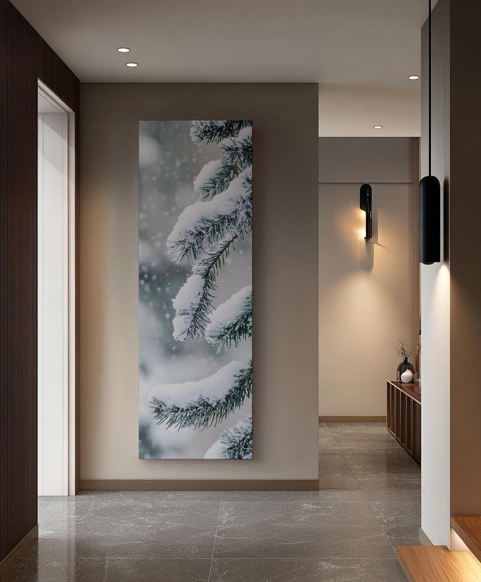 Winter Pines Canvas Art | Frosted Needle Print | Scandi Bohemian Wall Art For Living Room | Powder Blue Winter White Art Long Vertical Art