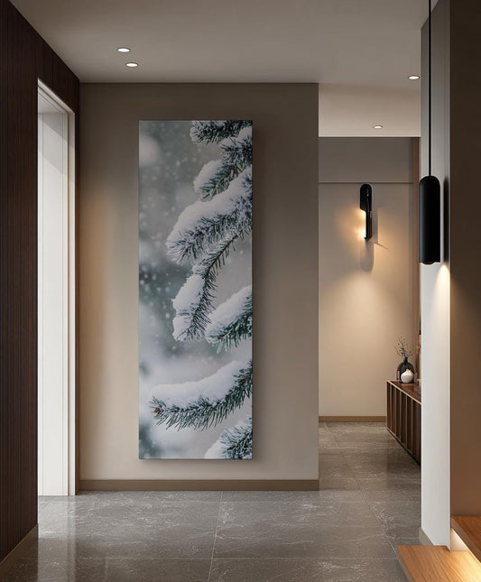 Winter Pines Canvas Art | Frosted Needle Print | Scandi Bohemian Wall Art For Living Room | Powder Blue Winter White Art Long Vertical Art