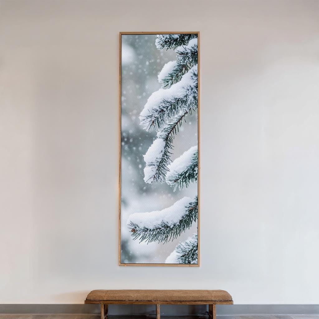 Winter Pines Canvas Art | Frosted Needle Print | Scandi Bohemian Wall Art For Living Room | Powder Blue Winter White Art Long Vertical Art