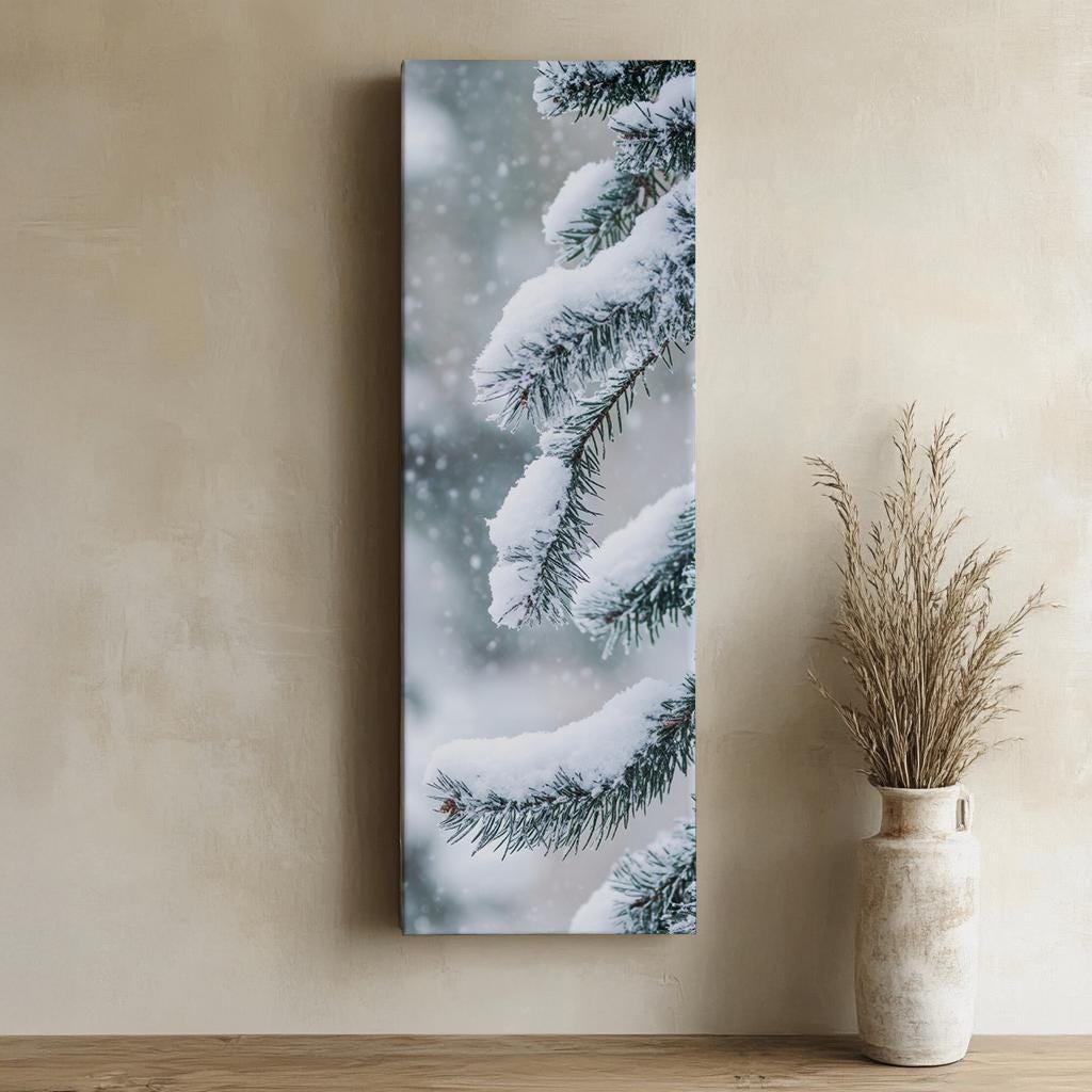Winter Pines Canvas Art | Frosted Needle Print | Scandi Bohemian Wall Art For Living Room | Powder Blue Winter White Art Long Vertical Art