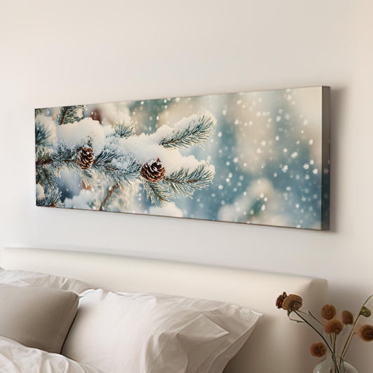 Winter Pine Cone Canvas Art | Frosted Needles Print | Scandinavian Wall Art For Living Room | Powder Blue Art Panoramic Wall Art