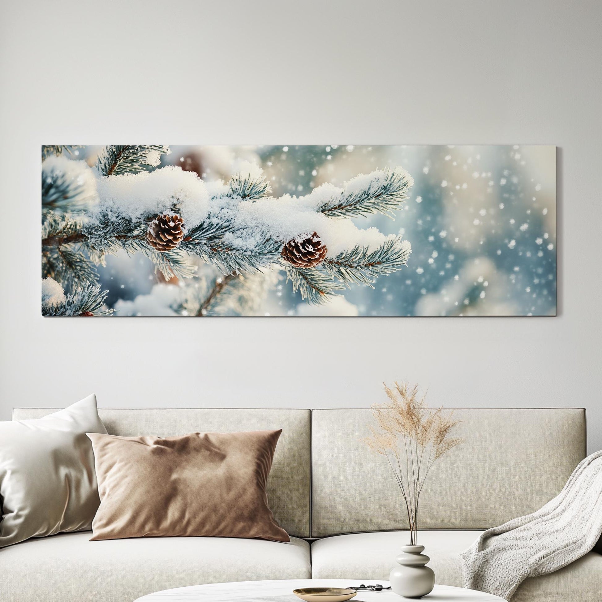 Winter Pine Cone Canvas Art | Frosted Needles Print | Scandinavian Wall Art For Living Room | Powder Blue Art Panoramic Wall Art