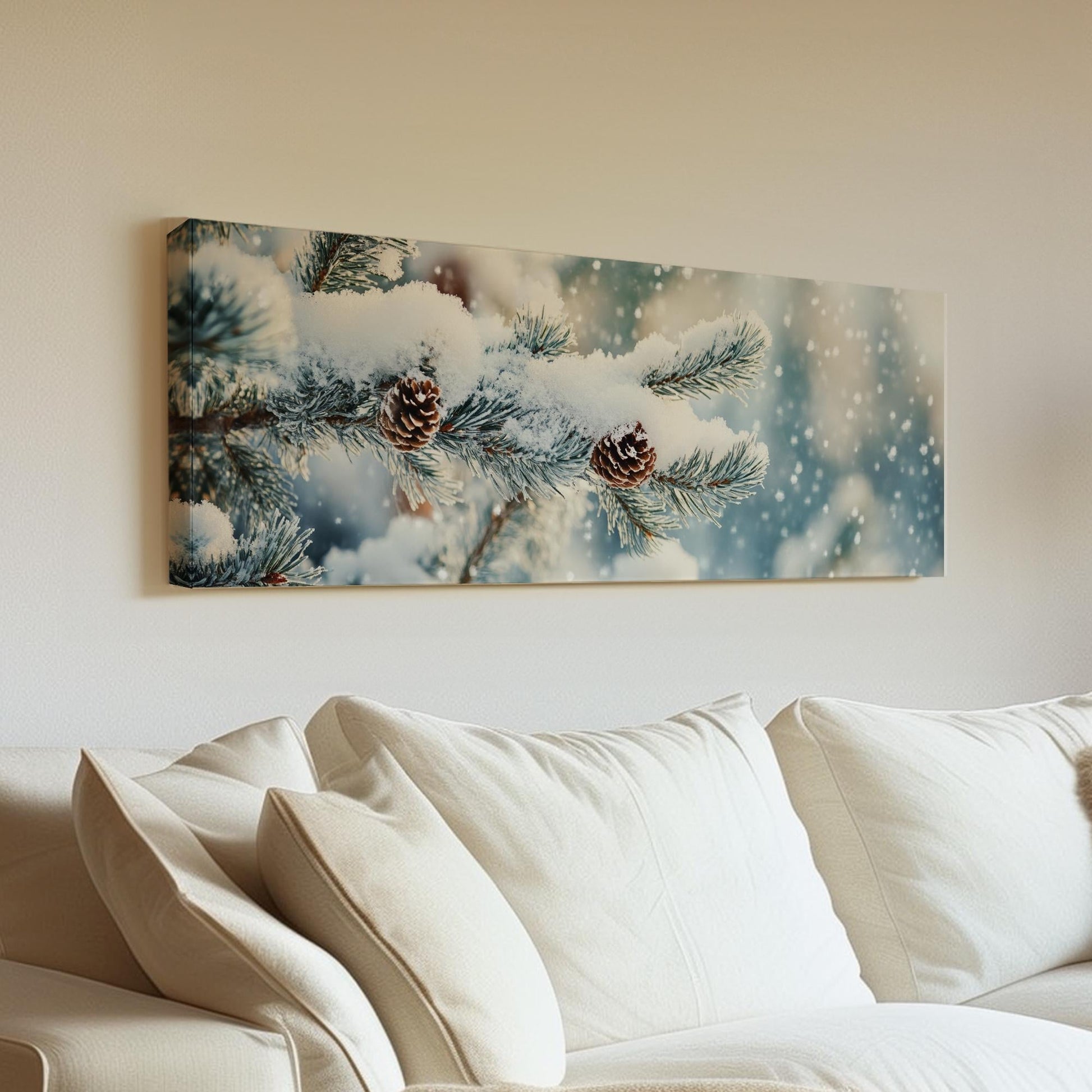Winter Pine Cone Canvas Art | Frosted Needles Print | Scandinavian Wall Art For Living Room | Powder Blue Art Panoramic Wall Art