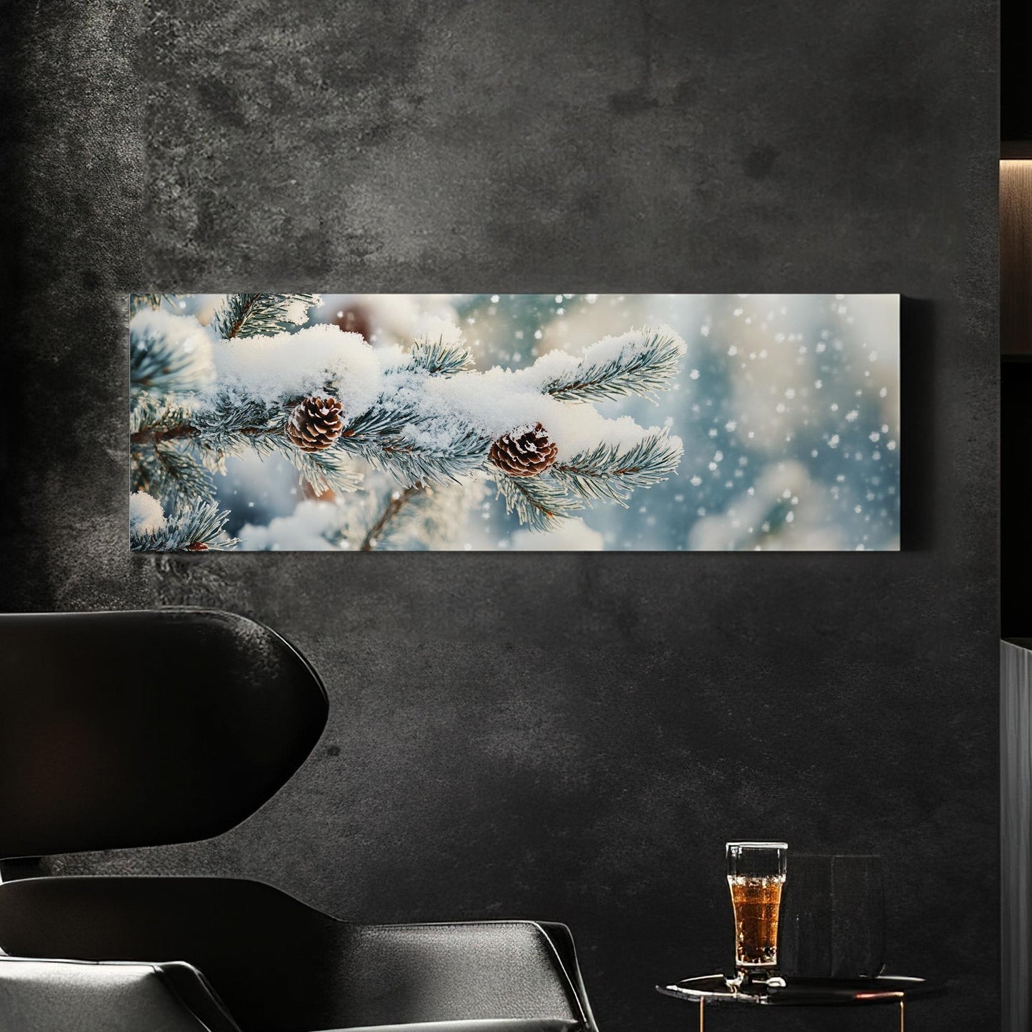 Winter Pine Cone Canvas Art | Frosted Needles Print | Scandinavian Wall Art For Living Room | Powder Blue Art Panoramic Wall Art