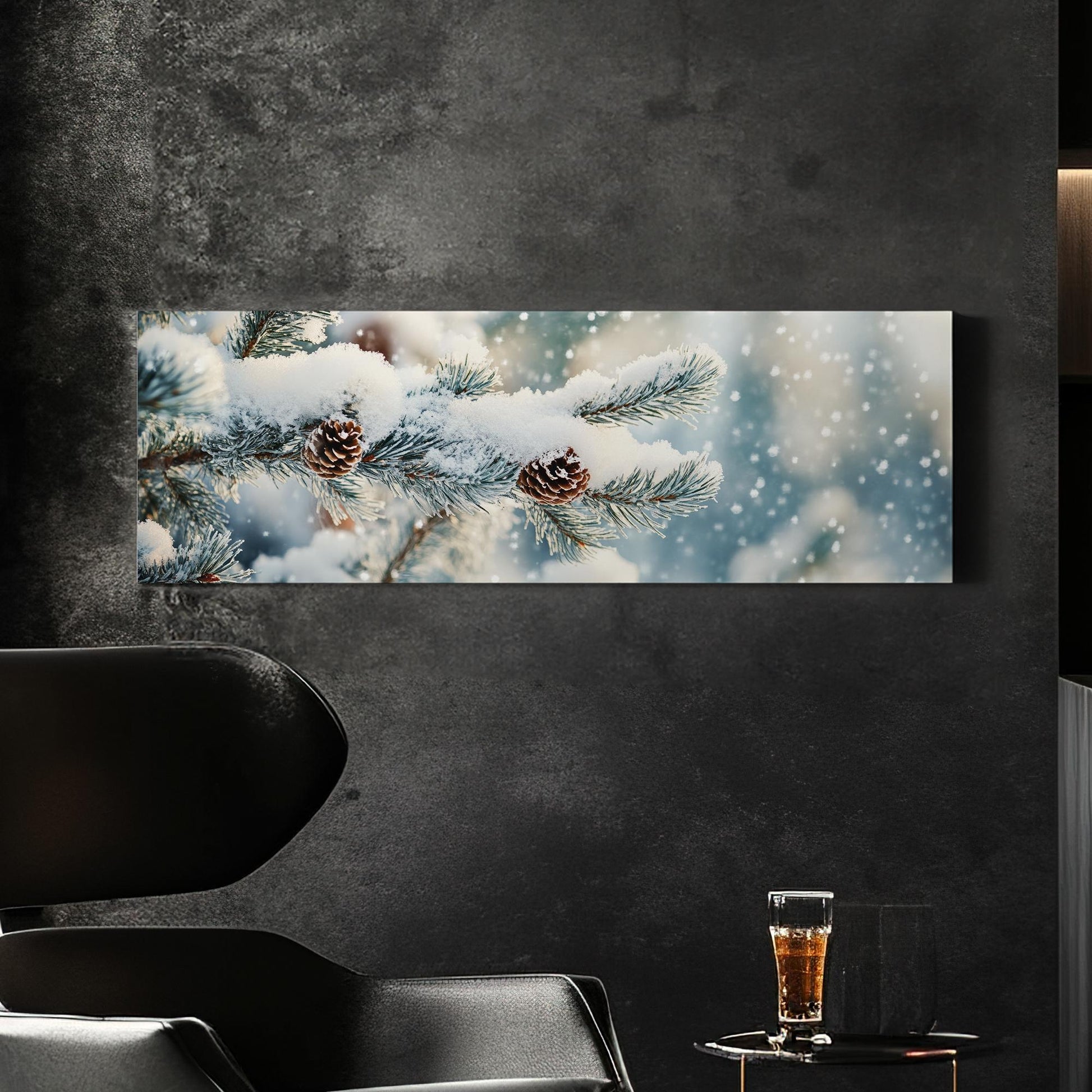 Winter Pine Cone Canvas Art | Frosted Needles Print | Scandinavian Wall Art For Living Room | Powder Blue Art Panoramic Wall Art