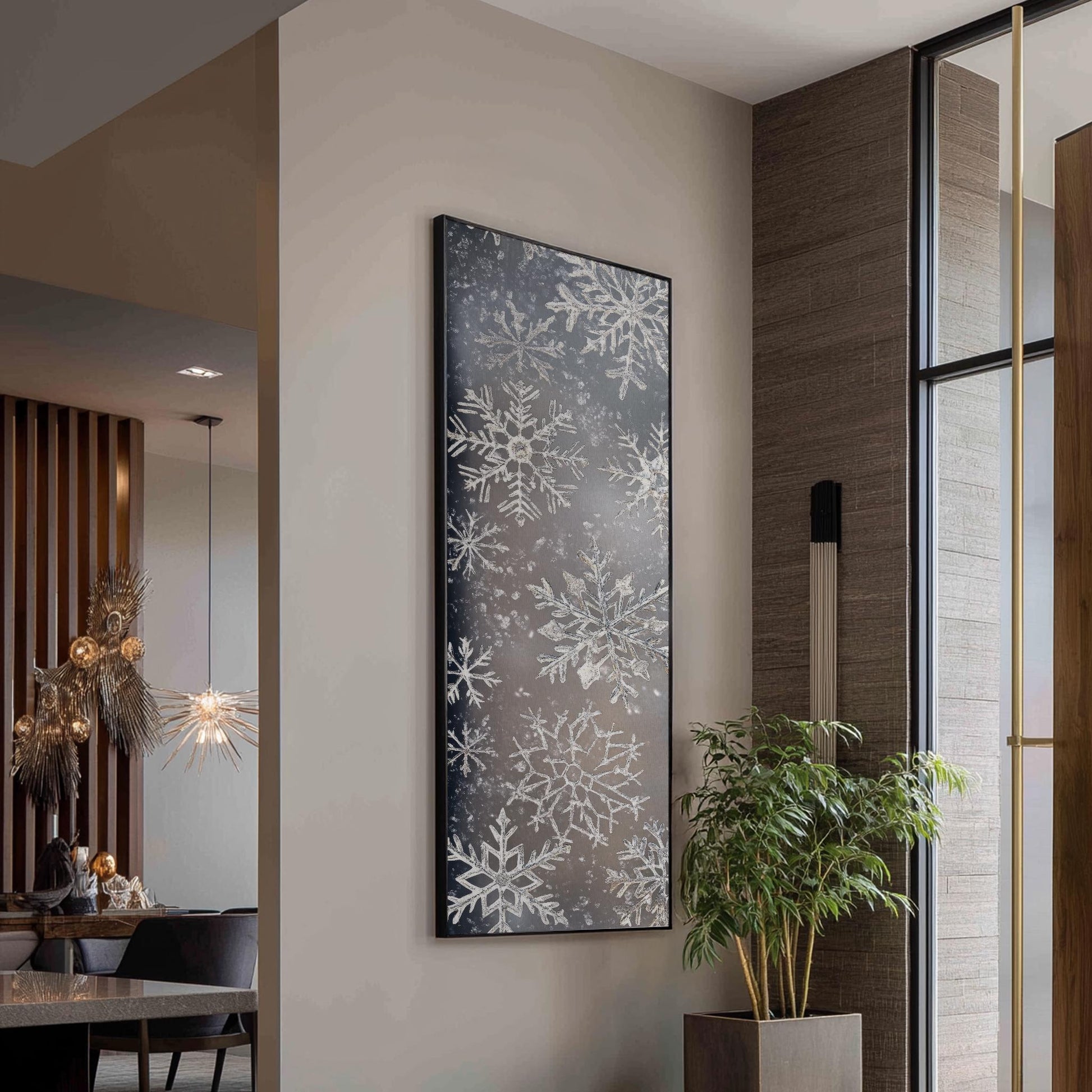 Winter Frost Snowflake Canvas Art | Watercolor Effect Print | Bohemian Wall Art For Living Room | Silver Gray Icy Art Long Vertical Art