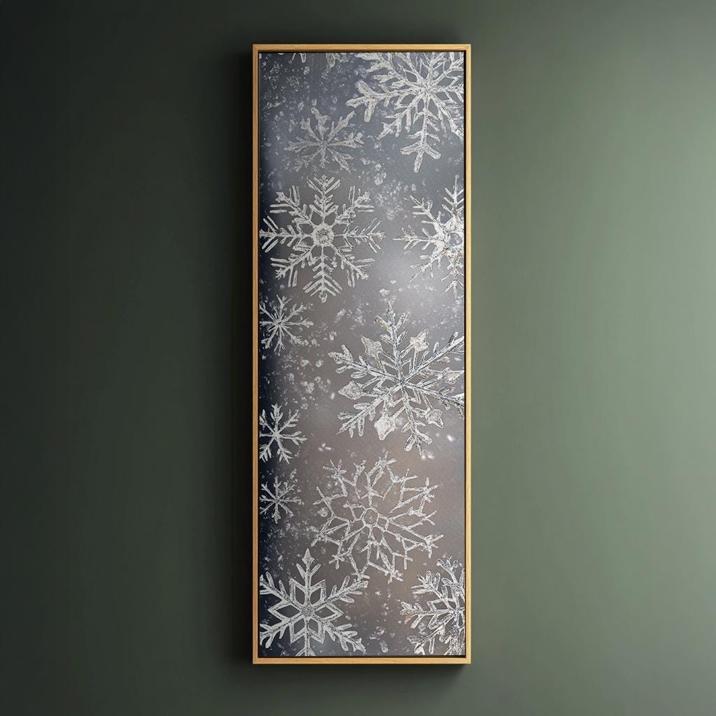 Winter Frost Snowflake Canvas Art | Watercolor Effect Print | Bohemian Wall Art For Living Room | Silver Gray Icy Art Long Vertical Art