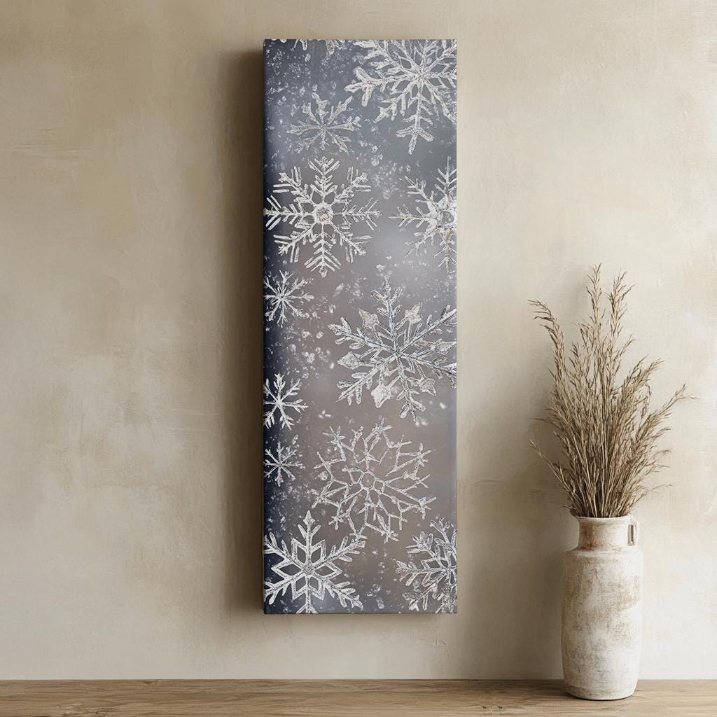 Winter Frost Snowflake Canvas Art | Watercolor Effect Print | Bohemian Wall Art For Living Room | Silver Gray Icy Art Long Vertical Art