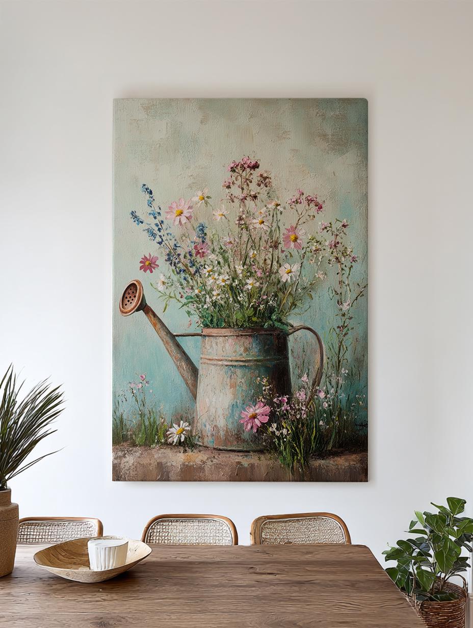 Wildflower Watering Can Canvas Art | Impasto Floral Print | Bohemian Wall Art For Living Room | Seafoam Green Art Vertical Canvas