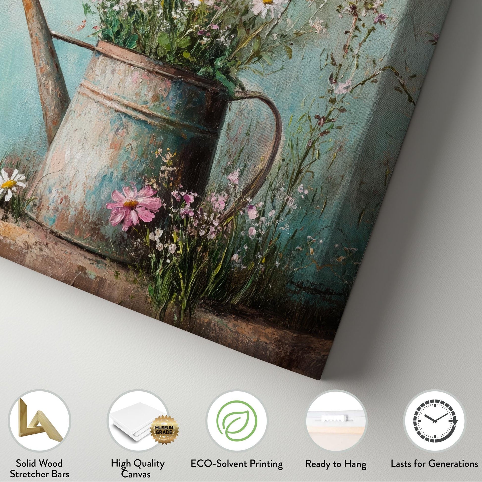 Wildflower Watering Can Canvas Art | Impasto Floral Print | Bohemian Wall Art For Living Room | Seafoam Green Art Vertical Canvas