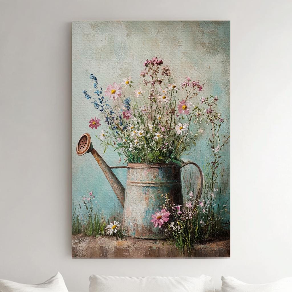Wildflower Watering Can Canvas Art | Impasto Floral Print | Bohemian Wall Art For Living Room | Seafoam Green Art Vertical Canvas