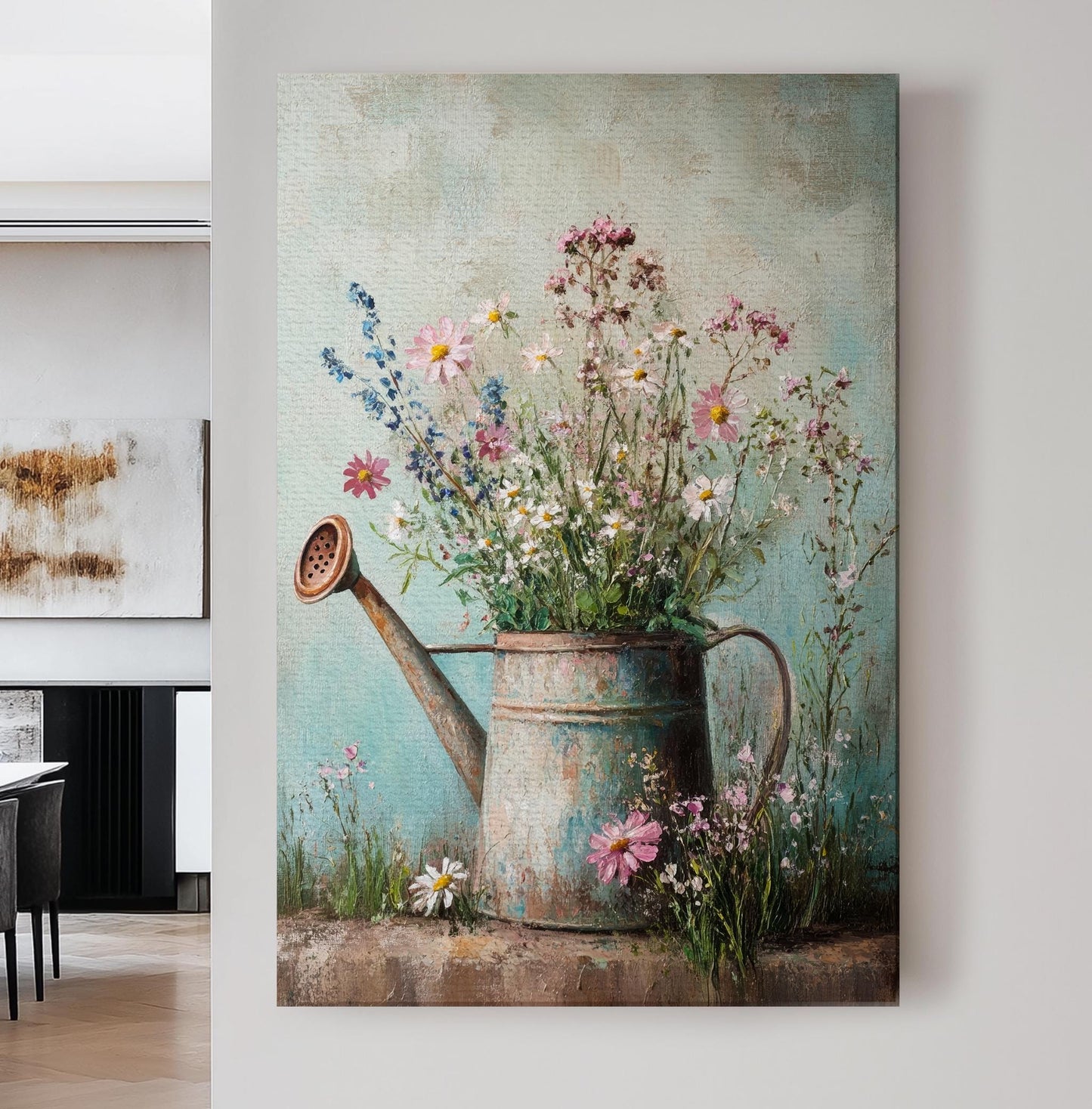 Wildflower Watering Can Canvas Art | Impasto Floral Print | Bohemian Wall Art For Living Room | Seafoam Green Art Vertical Canvas