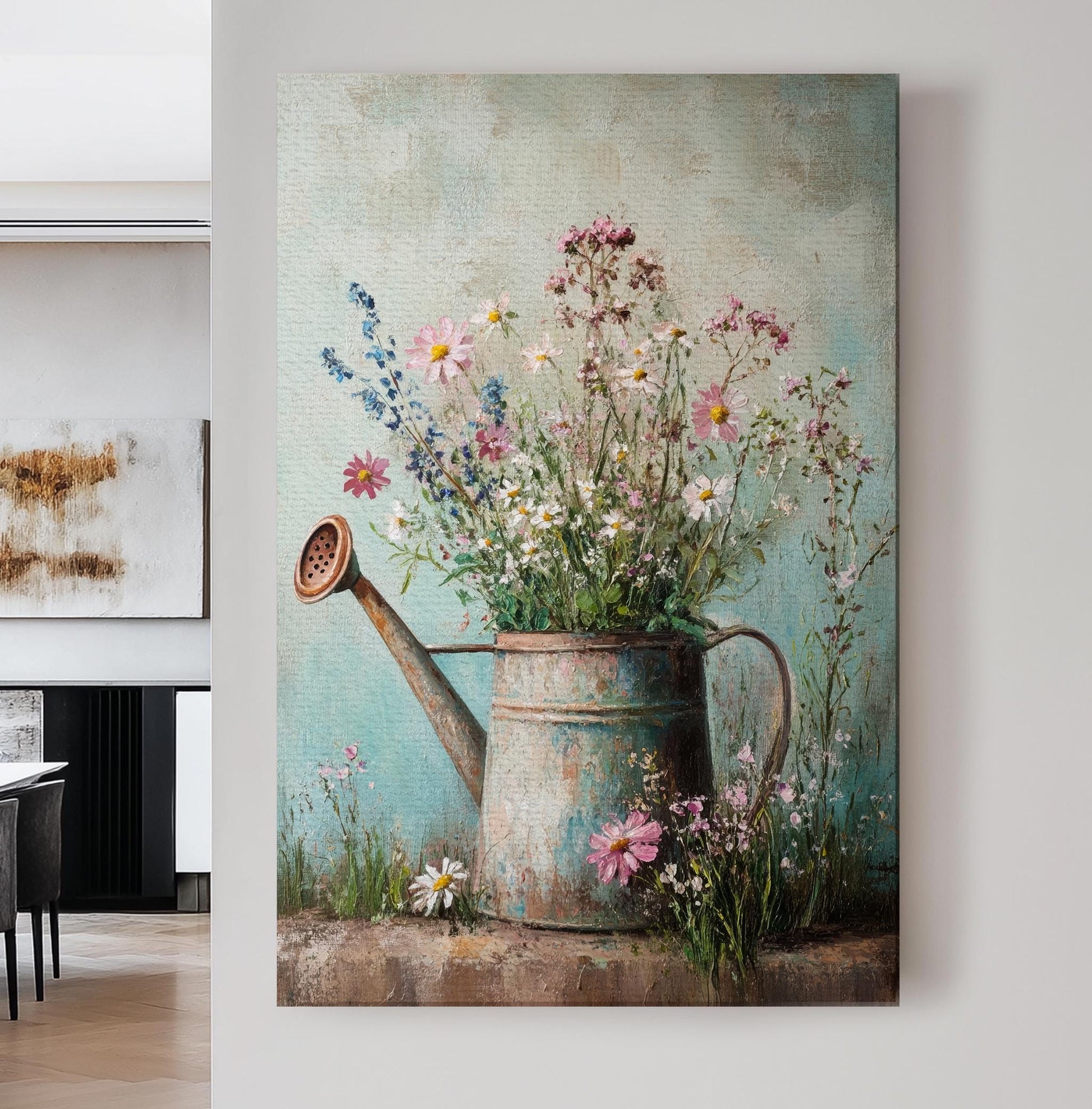 Wildflower Watering Can Canvas Art | Impasto Floral Print | Bohemian Wall Art For Living Room | Seafoam Green Art Vertical Canvas