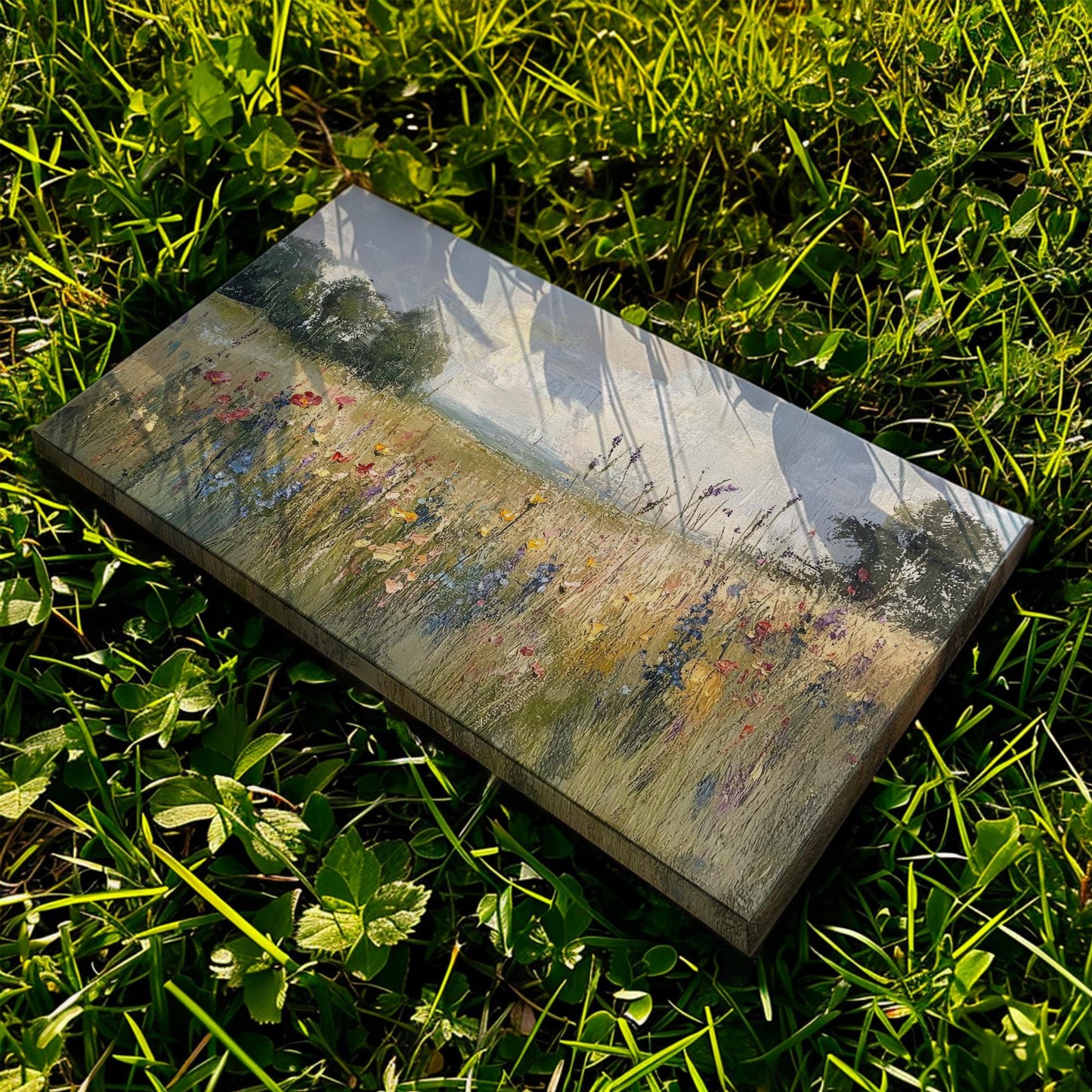 Wildflower Meadow Canvas Art | Impasto Impressionism Print | Tranquil Farmhouse Wall Art For Living Room | Earthy Oatmilk Art Horizontal Art