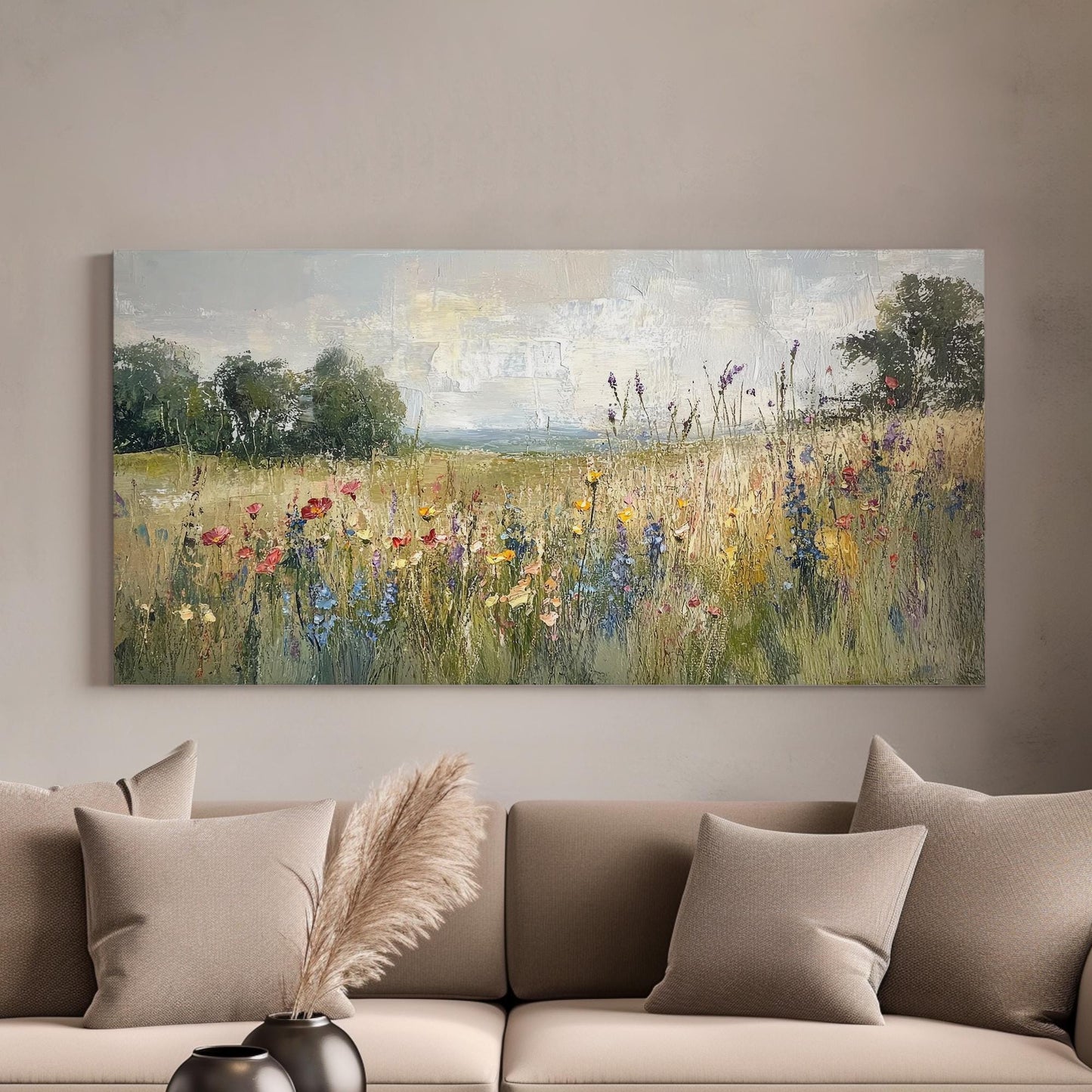 Wildflower Meadow Canvas Art | Impasto Impressionism Print | Tranquil Farmhouse Wall Art For Living Room | Earthy Oatmilk Art Horizontal Art
