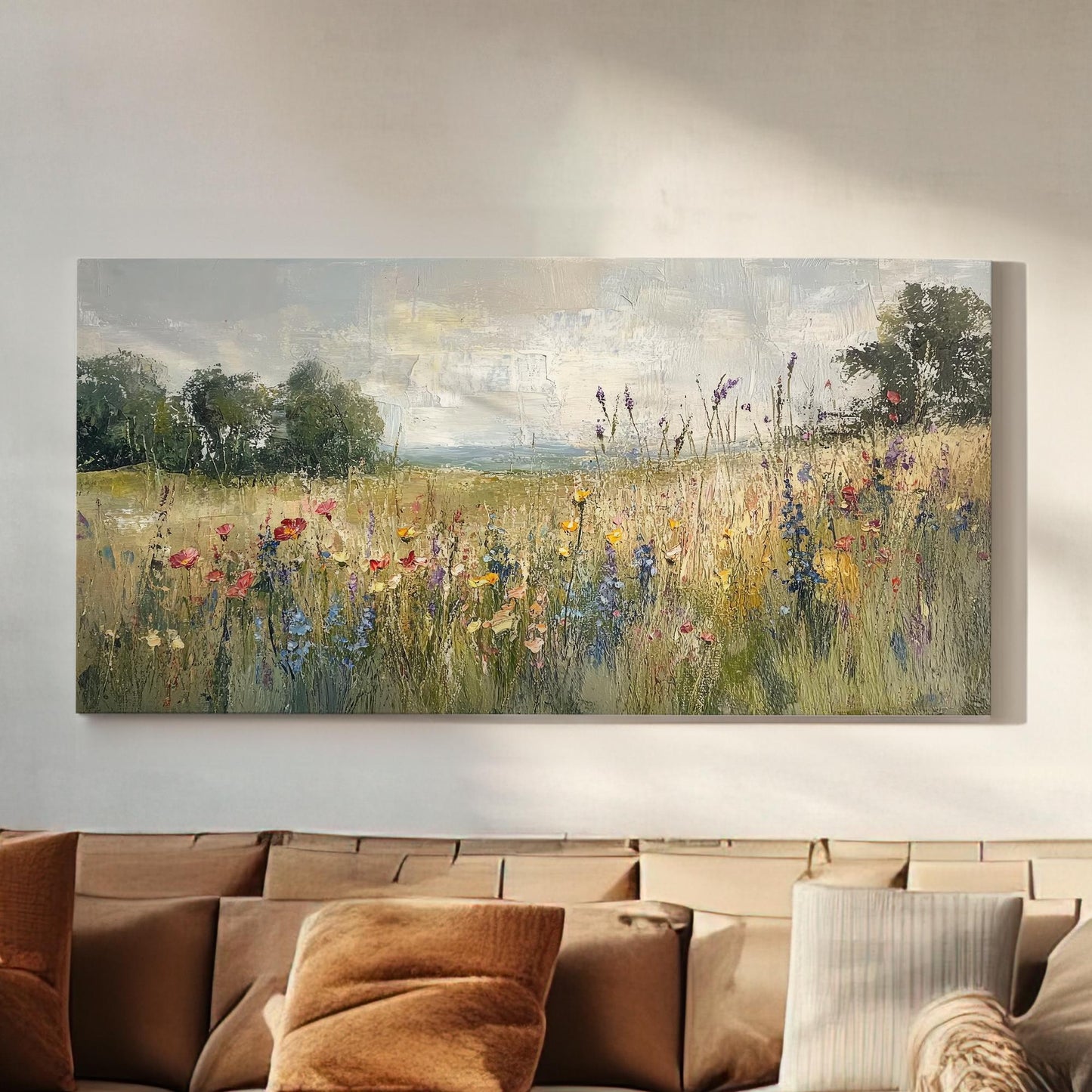 Wildflower Meadow Canvas Art | Impasto Impressionism Print | Tranquil Farmhouse Wall Art For Living Room | Earthy Oatmilk Art Horizontal Art