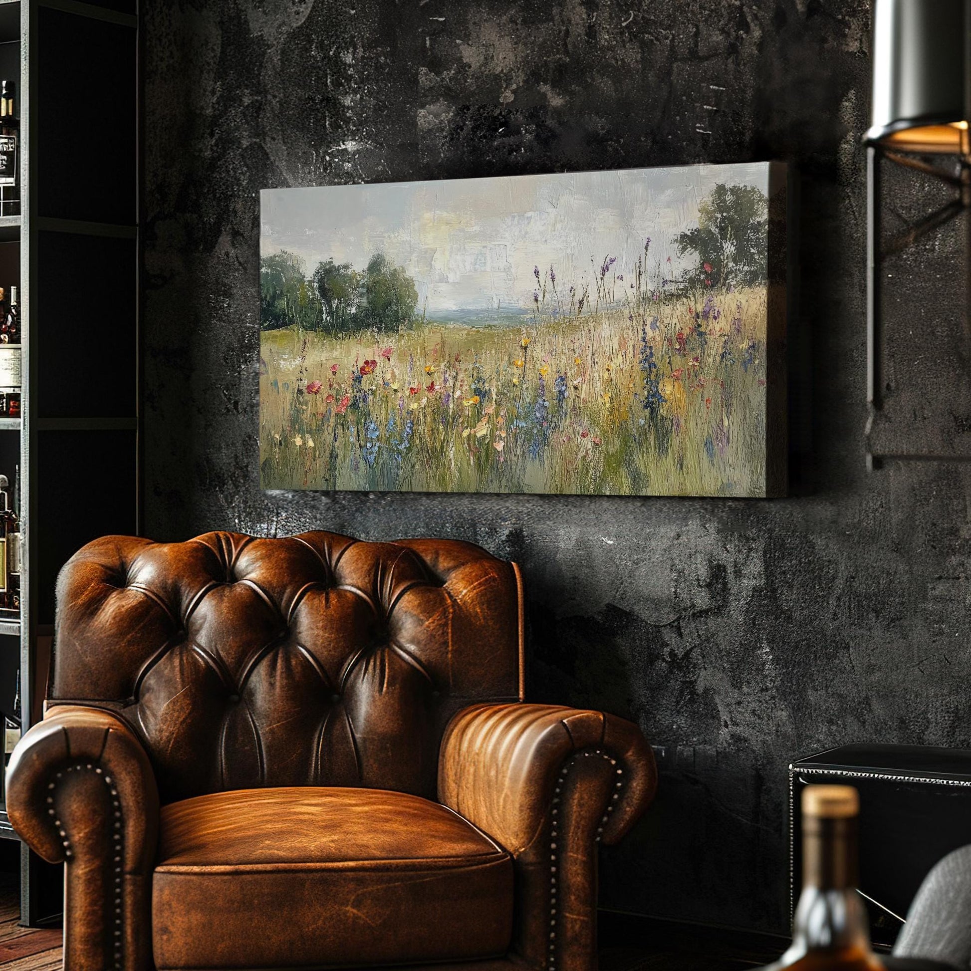 Wildflower Meadow Canvas Art | Impasto Impressionism Print | Tranquil Farmhouse Wall Art For Living Room | Earthy Oatmilk Art Horizontal Art